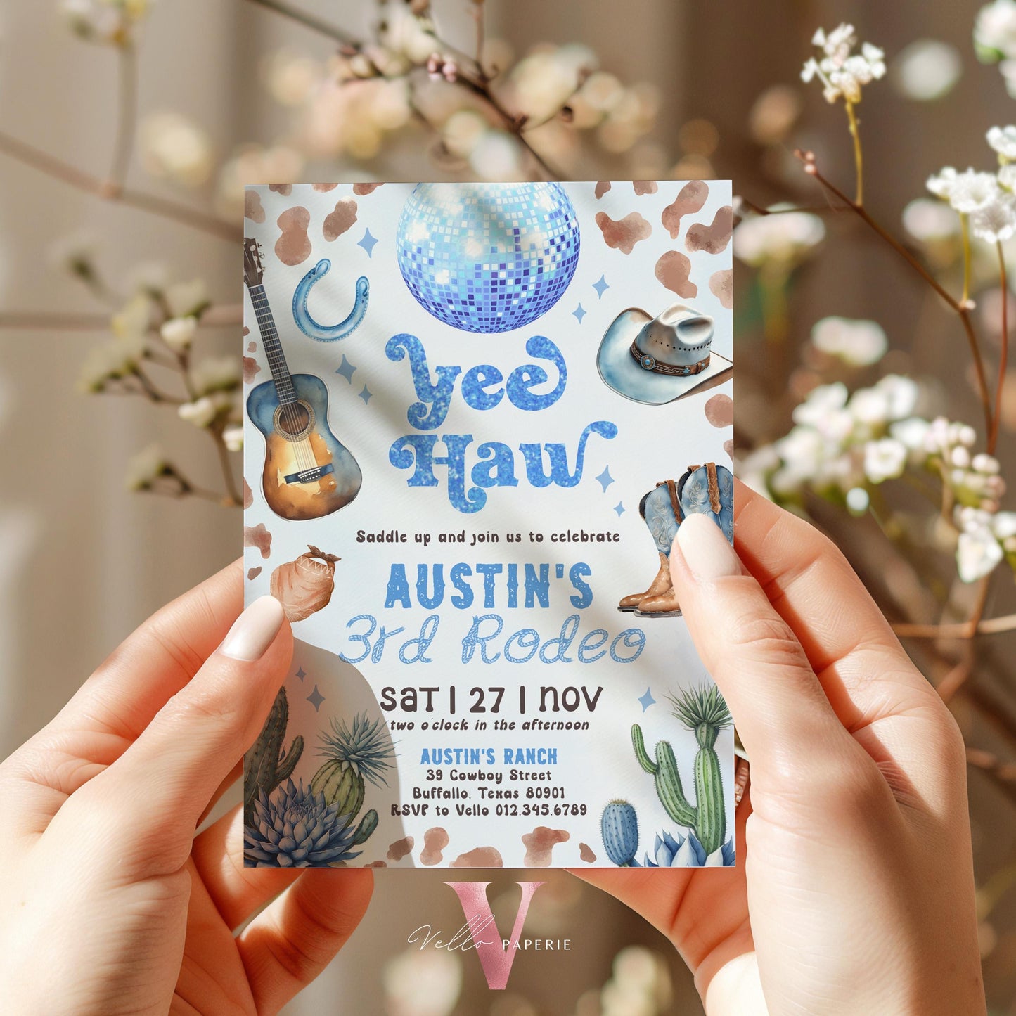Editable Any AGE Space Cowboy Birthday Invitation | Blue Disco Cowboy Party Invite | Boy Rodeo Disco Western Nashville Party Template