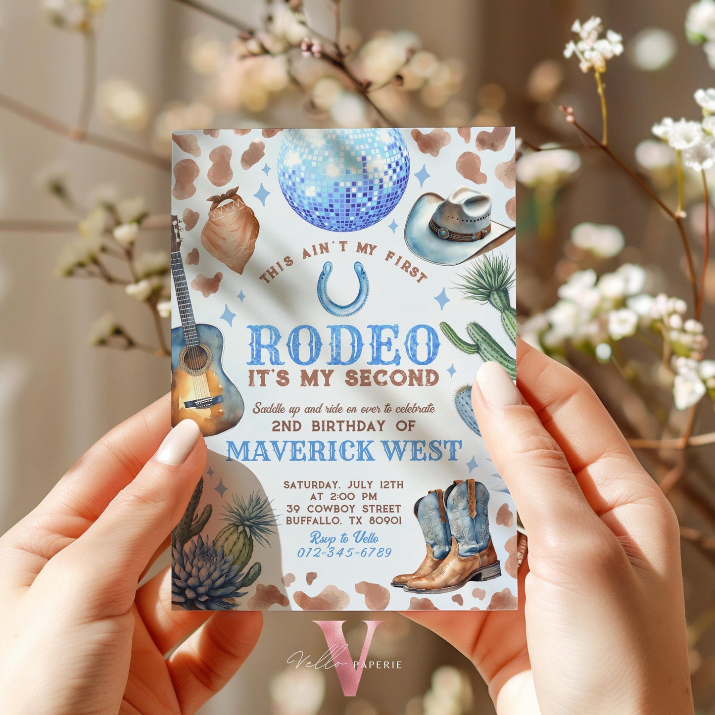 Full Edit Ain't First Rodeo Space Cowboy Birthday Invitation | Blue Disco Cowboy Party Invite | Any Age Rodeo Disco Western NashvilleParty
