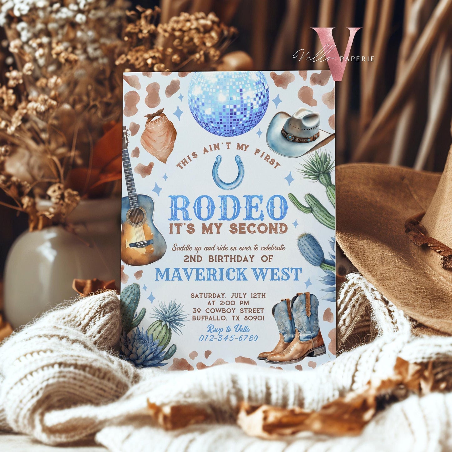 Full Edit Ain't First Rodeo Space Cowboy Birthday Invitation | Blue Disco Cowboy Party Invite | Any Age Rodeo Disco Western NashvilleParty