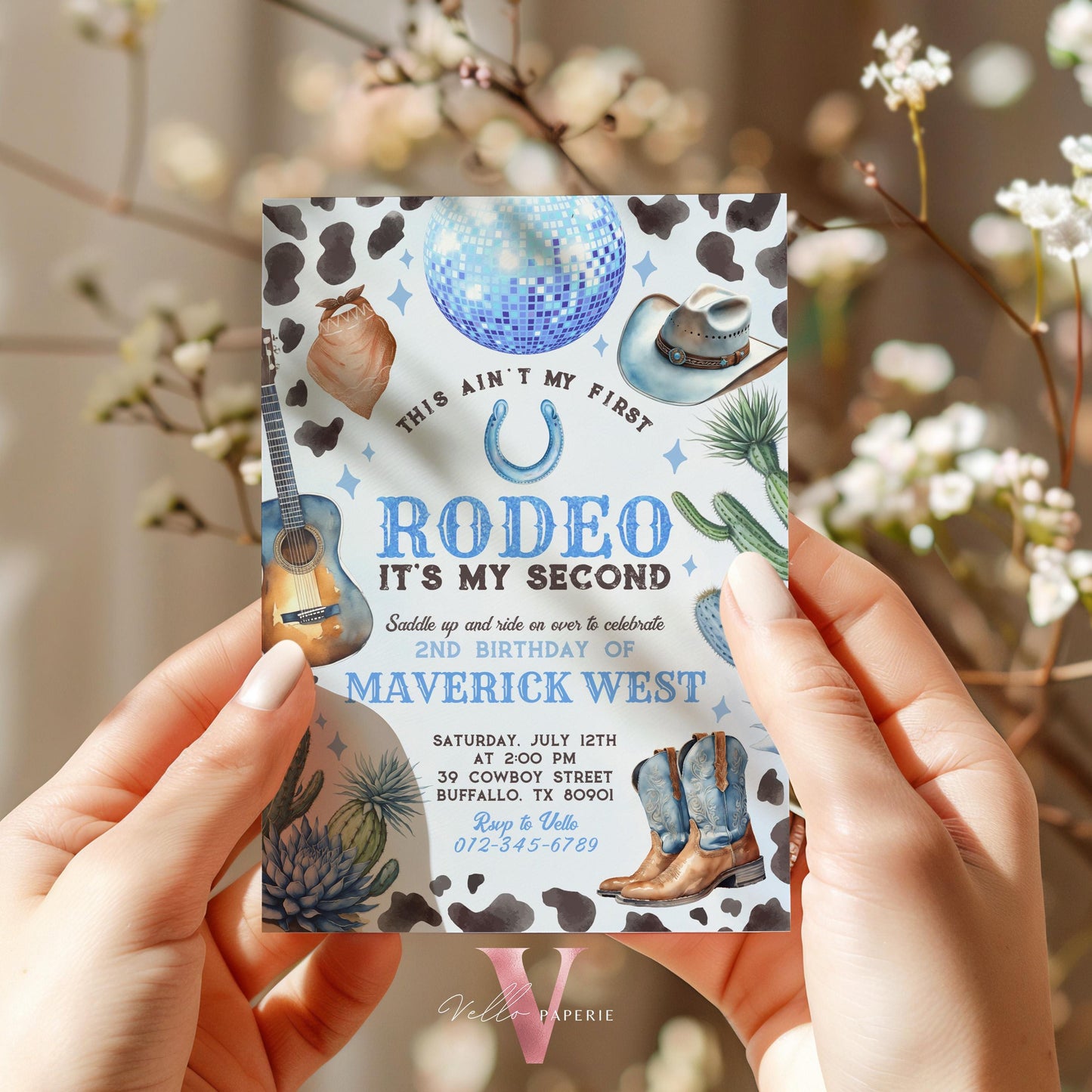 Full Edit Ain't First Rodeo Space Cowboy Birthday Invitation | Blue Disco Cowboy Party Invite | Any Age Rodeo Disco Western NashvilleParty
