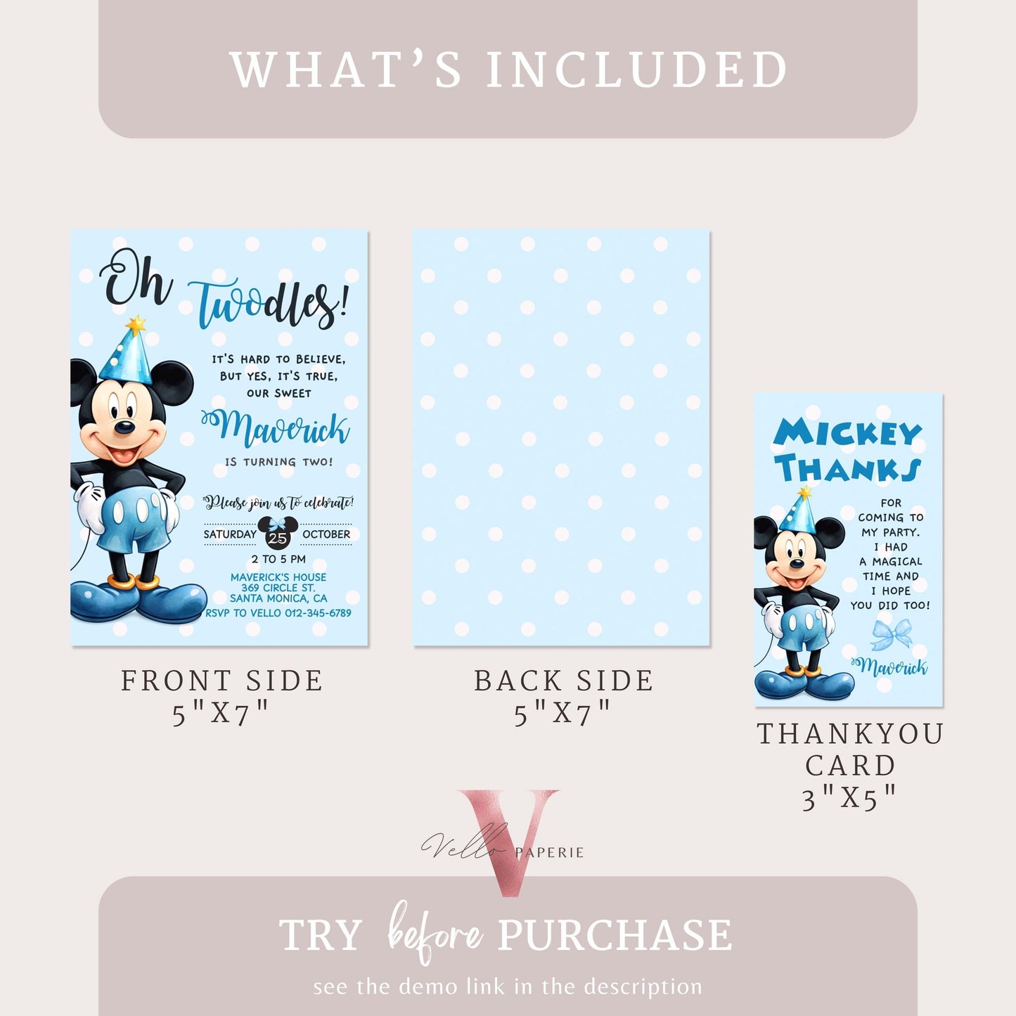 Self Editable Oh Twodles Mickey Mouse Birthday Invitation | Watercolor Blue Mickey Birthday Party Invite | Mickey Twodles Instant Download