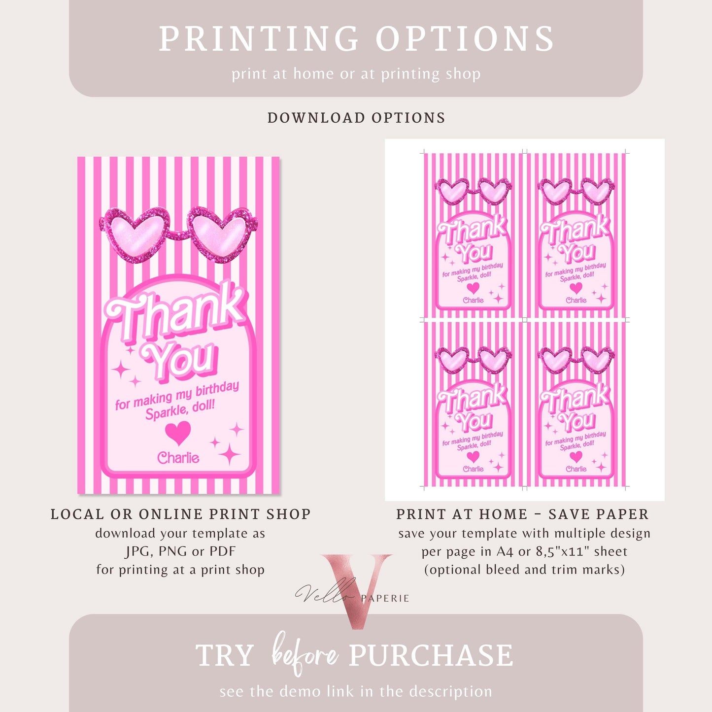 Stripe Sunglass Pink Fashion Doll Birthday Thankyou Card | Editable Glam Pink Doll Party Favors Tag | Pink Doll Gift Tag Instant Template