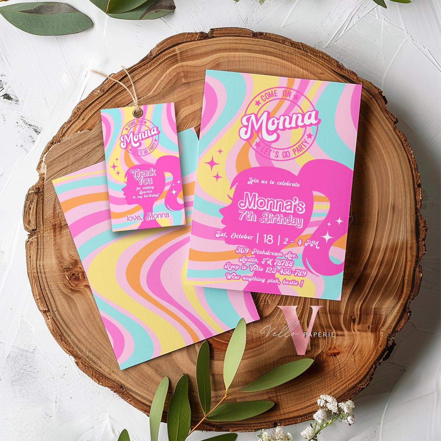 Groovy Pink Rainbow Sparkle Fashion Doll Birthday Invitation | Checkered Pink Doll Glitter Lets Go Pink Party Invite Instant Template