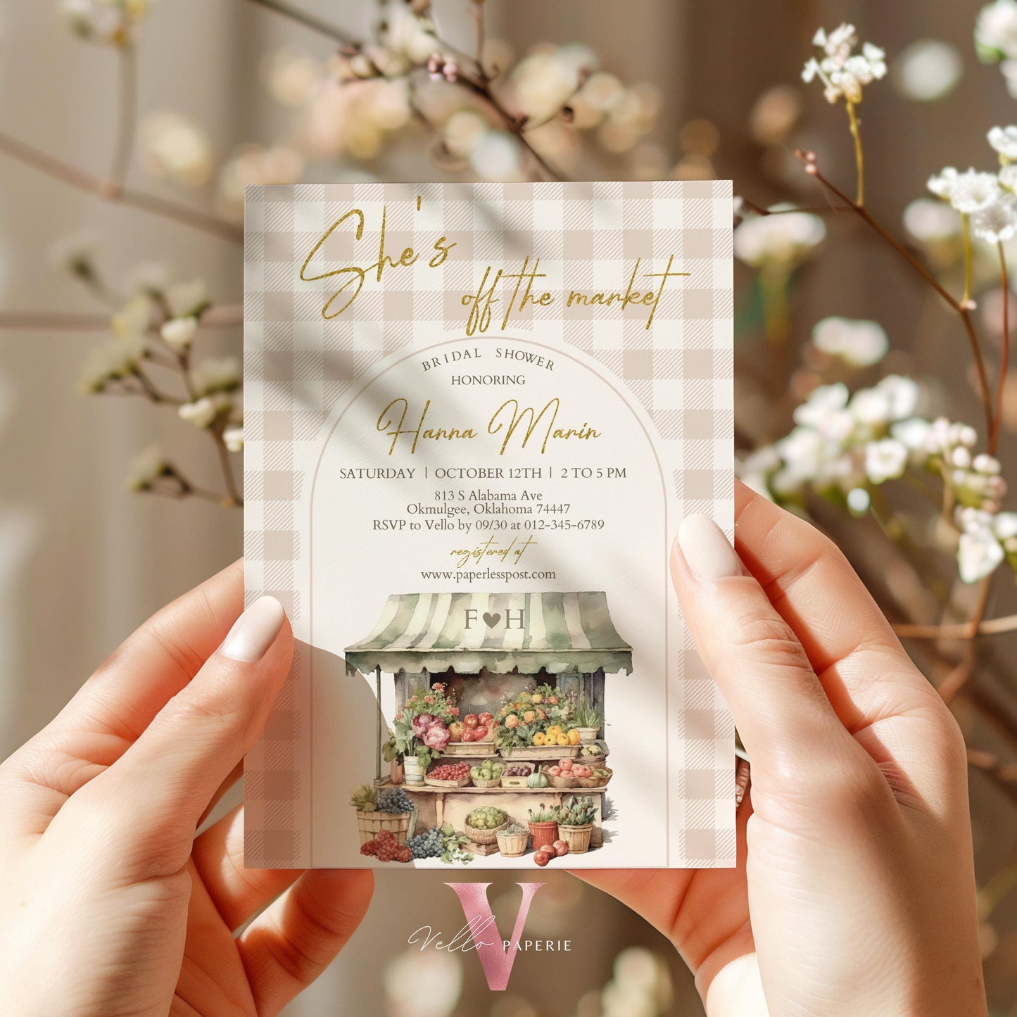 Fresh Off the Market Bridal Shower Party Invitation | Farmers Market Bridal Shower Invite | Flower Fruit Store Watercolor Glitter Instant