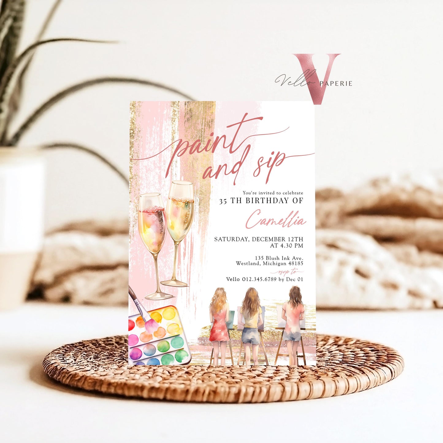 Blush Rose Gold Paint and Sip Party Invitation | Editable Adult Champagne Art Party | Wine Birthday Wine Invitation | Creative Drink Party