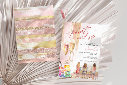 Blush Rose Gold Paint and Sip Party Invitation | Editable Adult Champagne Art Party | Wine Birthday Wine Invitation | Creative Drink Party