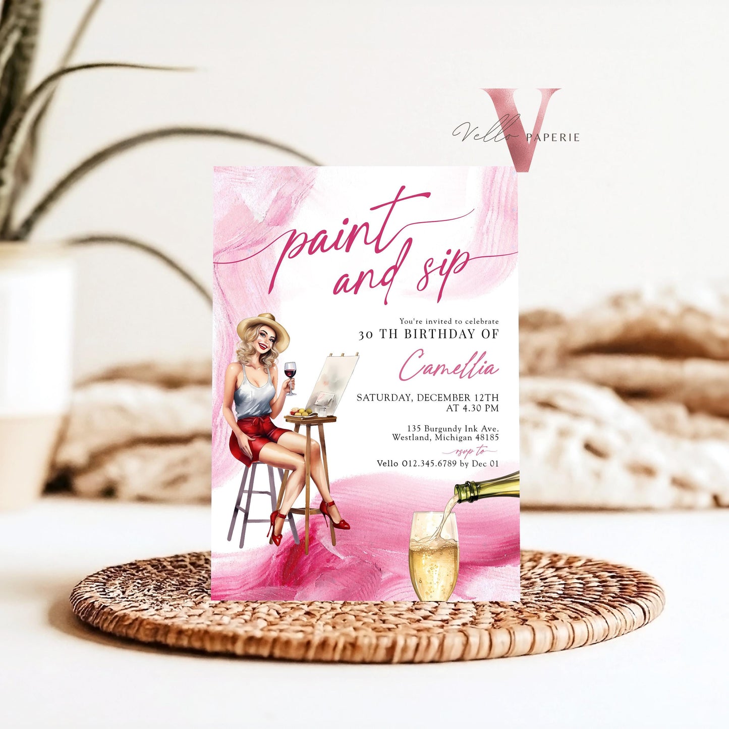 Burgundy Red Paint and Sip Party Invitation | Editable Adult Champagne Art Party | Wine Birthday Wine Invitation | Creative Drink Art Party