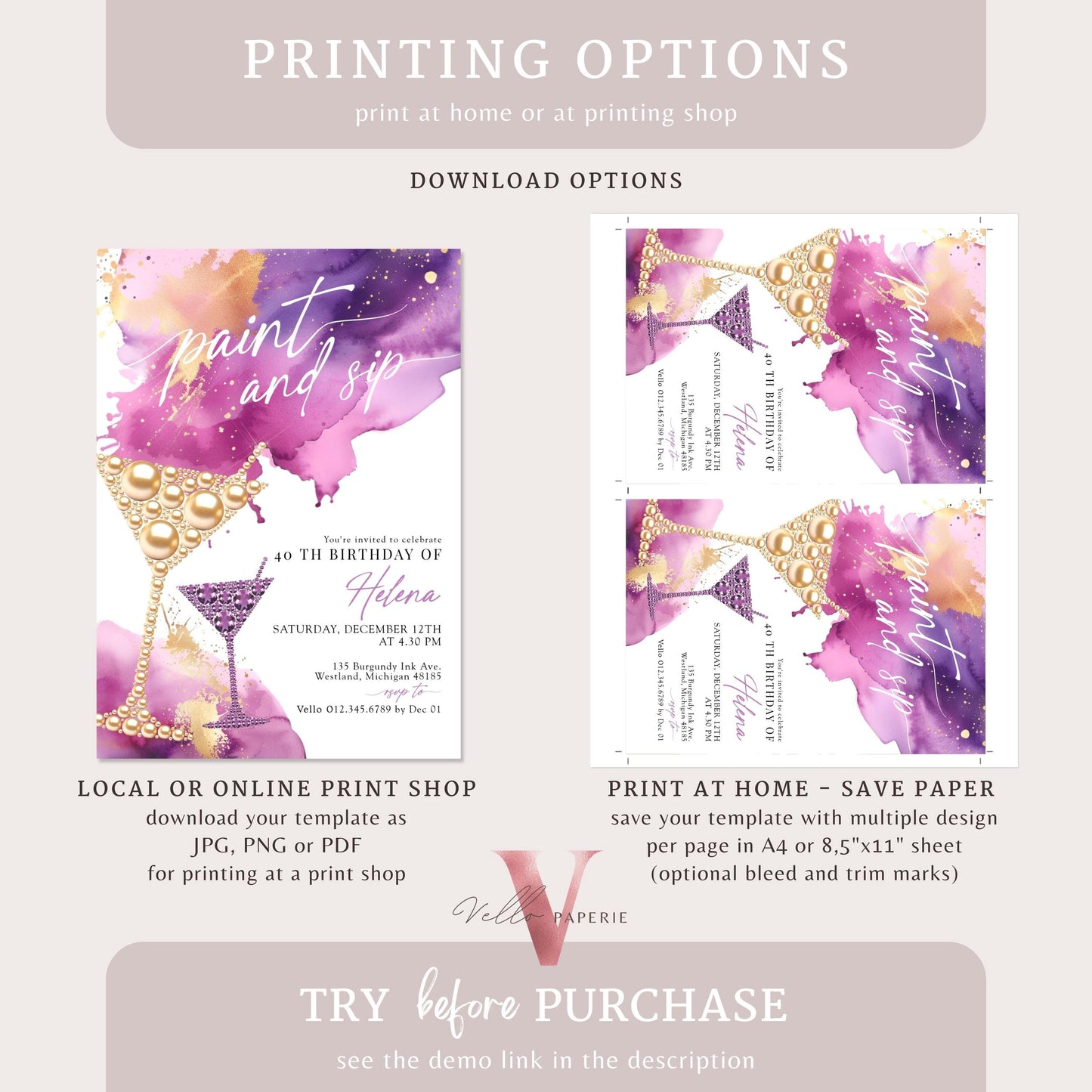 Purple Gold Sparkle Paint and Sip Party Invitation | Editable Adult Champagne Art Party | Wine Birthday Wine Invite| Creative Drink Party