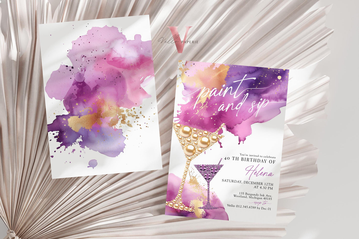 Purple Gold Sparkle Paint and Sip Party Invitation | Editable Adult Champagne Art Party | Wine Birthday Wine Invite| Creative Drink Party