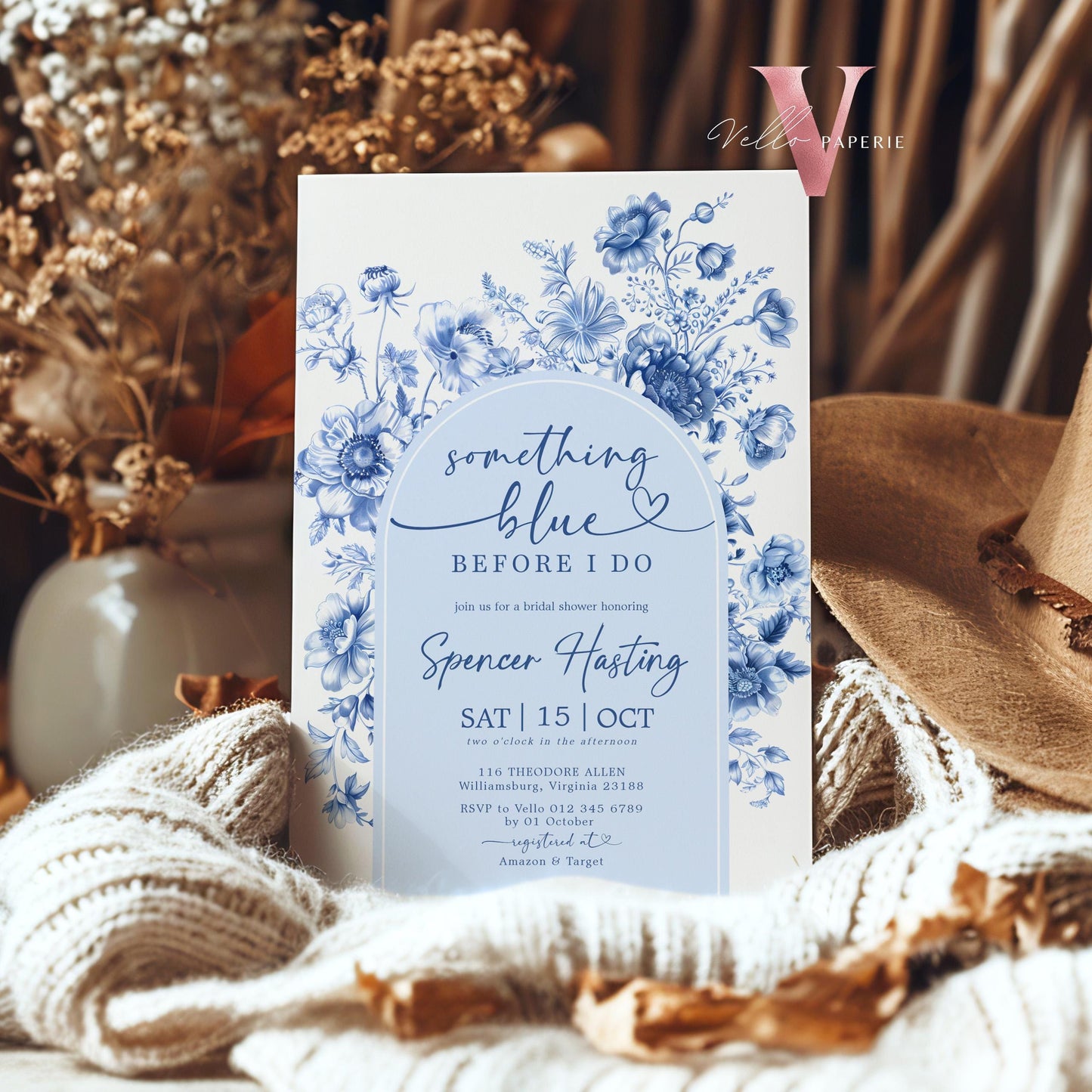 Something Blue before I DO Bridal Shower Party Invitation | Blue Toile de Juoy Flower Invite | Arch Vintage Blue Botanical BridetoBe Instant