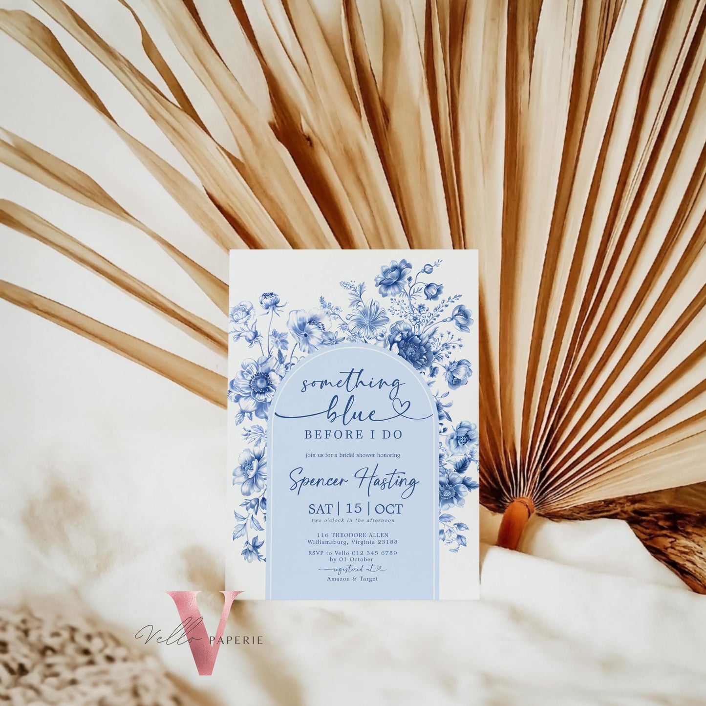 Something Blue before I DO Bridal Shower Party Invitation | Blue Toile de Juoy Flower Invite | Arch Vintage Blue Botanical BridetoBe Instant