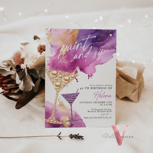 Purple Gold Sparkle Paint and Sip Party Invitation | Editable Adult Champagne Art Party | Wine Birthday Wine Invite| Creative Drink Party