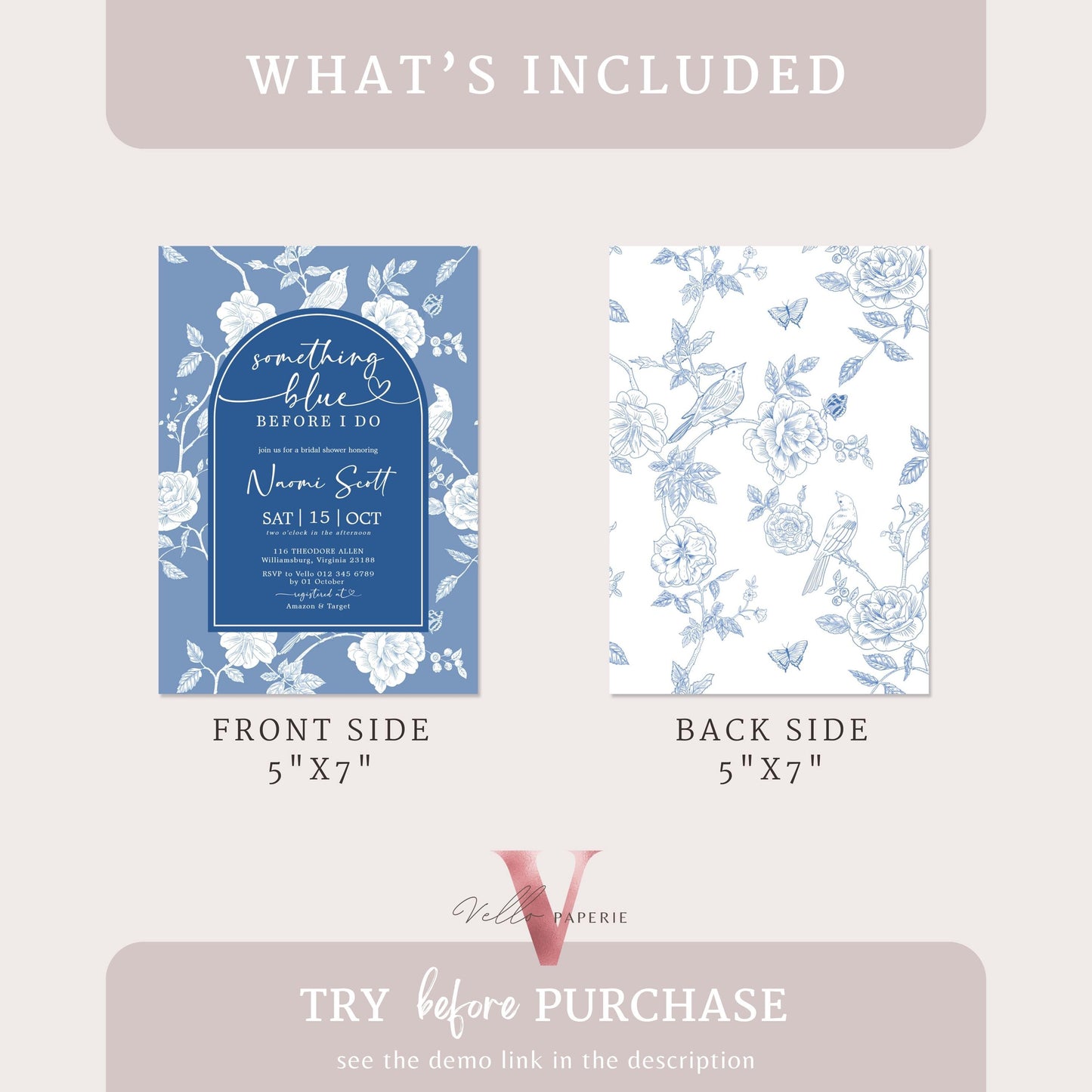 Something Blue before I DO Bridal Shower Party Invitation | Blue Toile de Juoy Flower Invite | Arch Vintage Blue Botanical BridetoBe Instant