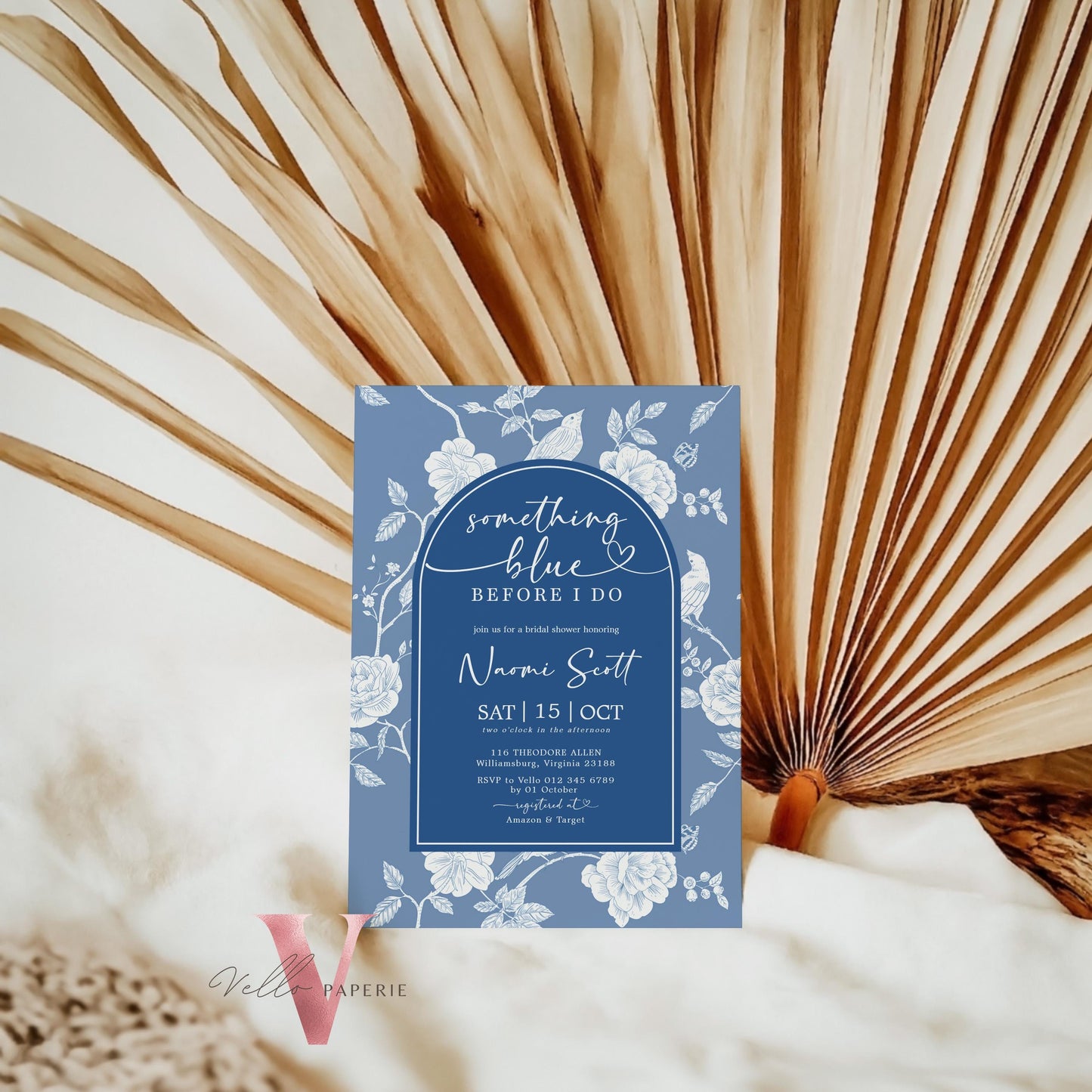 Something Blue before I DO Bridal Shower Party Invitation | Blue Toile de Juoy Flower Invite | Arch Vintage Blue Botanical BridetoBe Instant