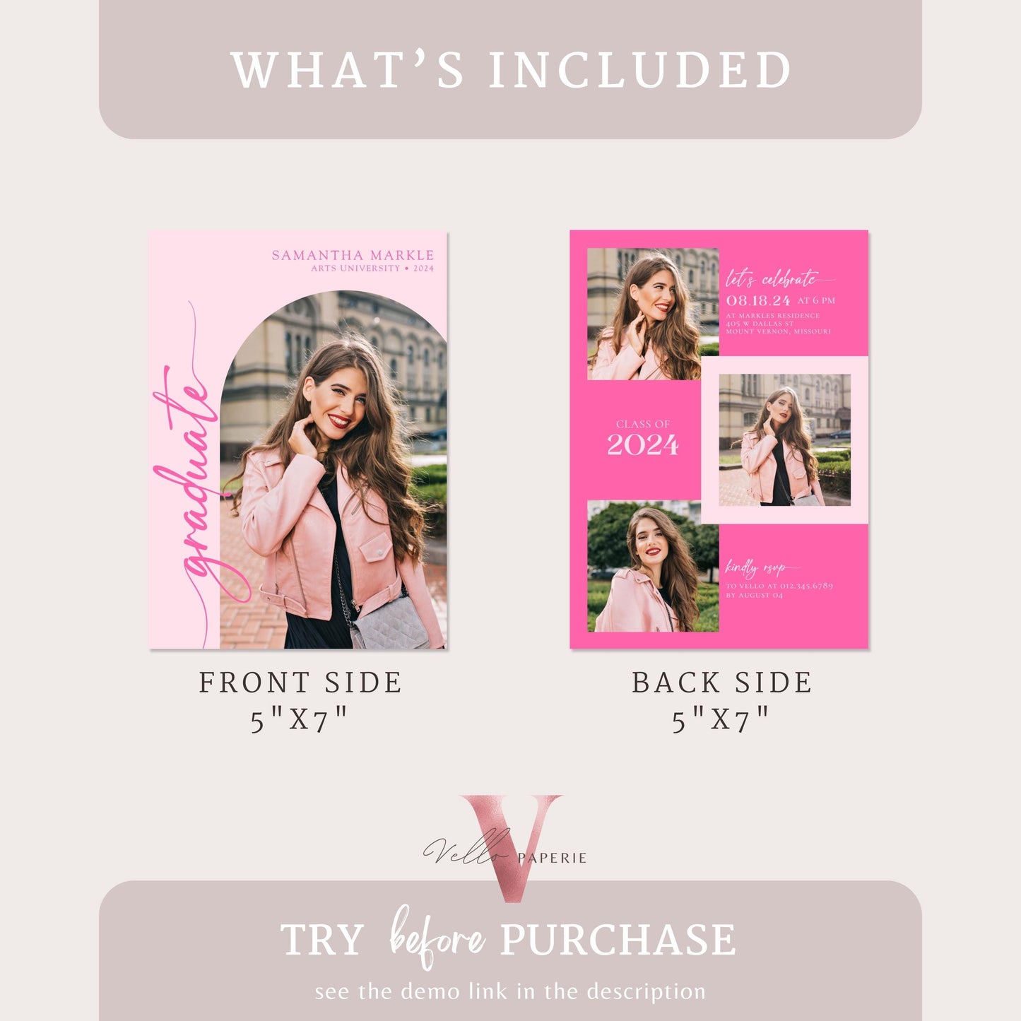 Pink She Did It Graduation Invitation | Editable Graduation Party Invite Multiple Photo |Class of 2024 Announcement College Grad Celebration
