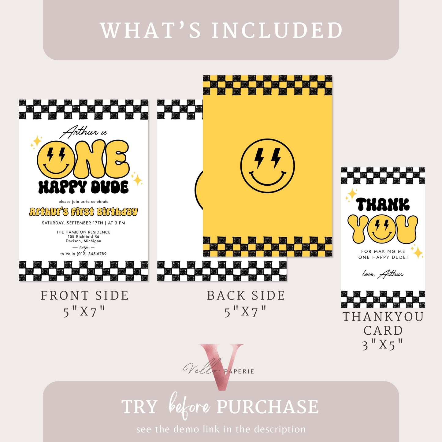 Smile One Happy Dude Birthday Invitation | Editable Retro One Happy Dude First Birthday Party Invite | Emoji Face | Lighting Bolt Smile BW