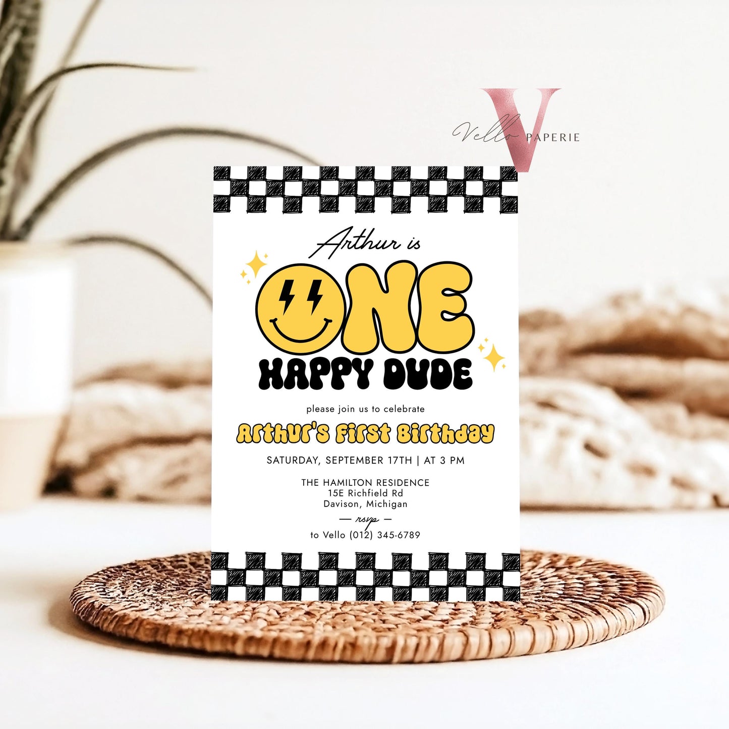Smile One Happy Dude Birthday Invitation | Editable Retro One Happy Dude First Birthday Party Invite | Emoji Face | Lighting Bolt Smile BW