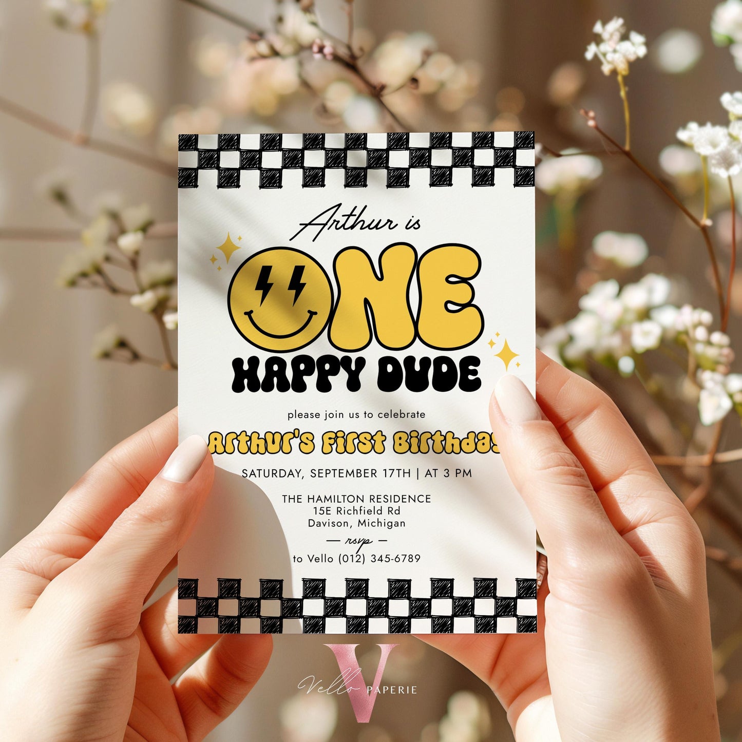 Smile One Happy Dude Birthday Invitation | Editable Retro One Happy Dude First Birthday Party Invite | Emoji Face | Lighting Bolt Smile BW