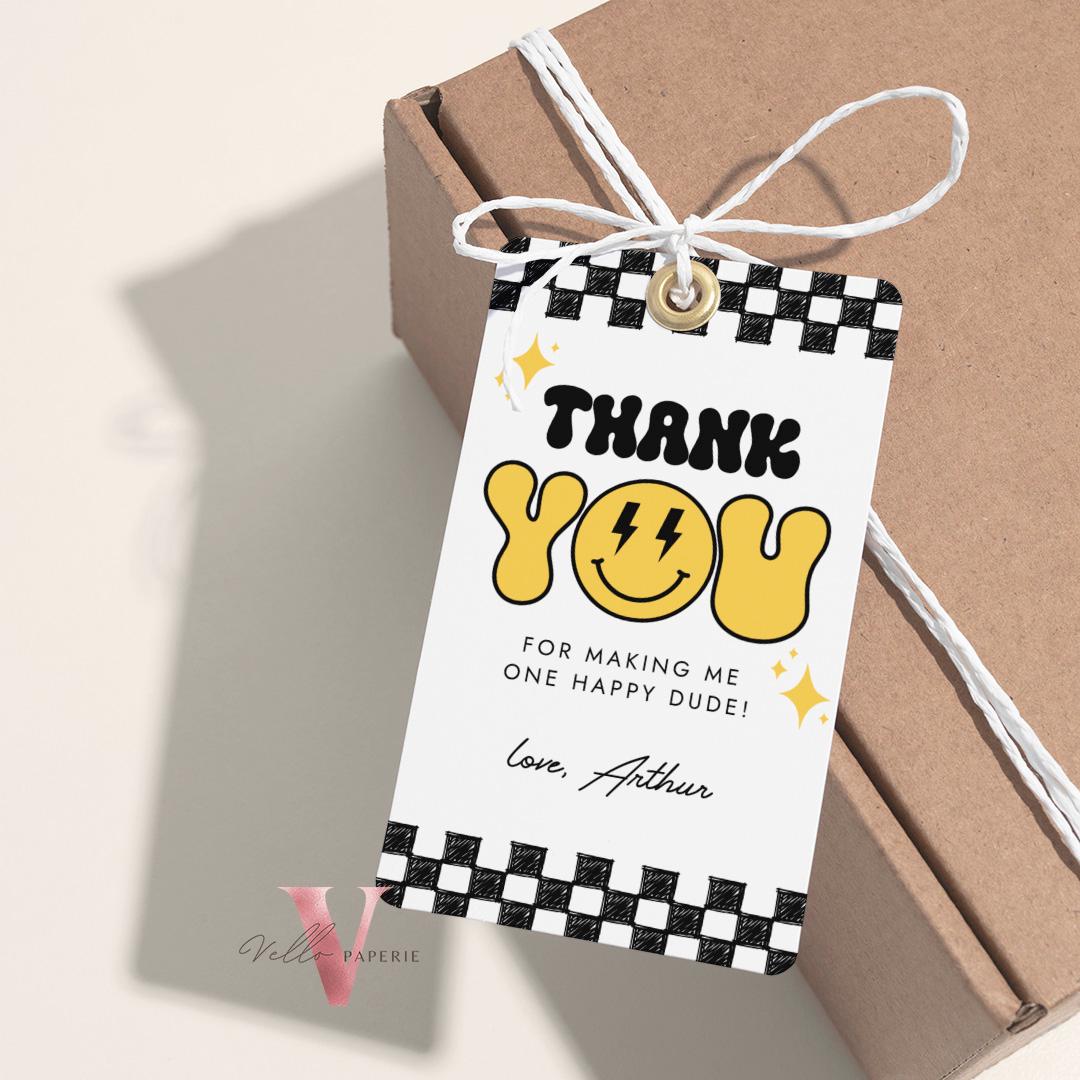 Photo One Happy Dude Birthday Invitation | Editable Retro One Happy Dude First Birthday Party Invite | Emoji Face | Lighting Bolt Smile BW