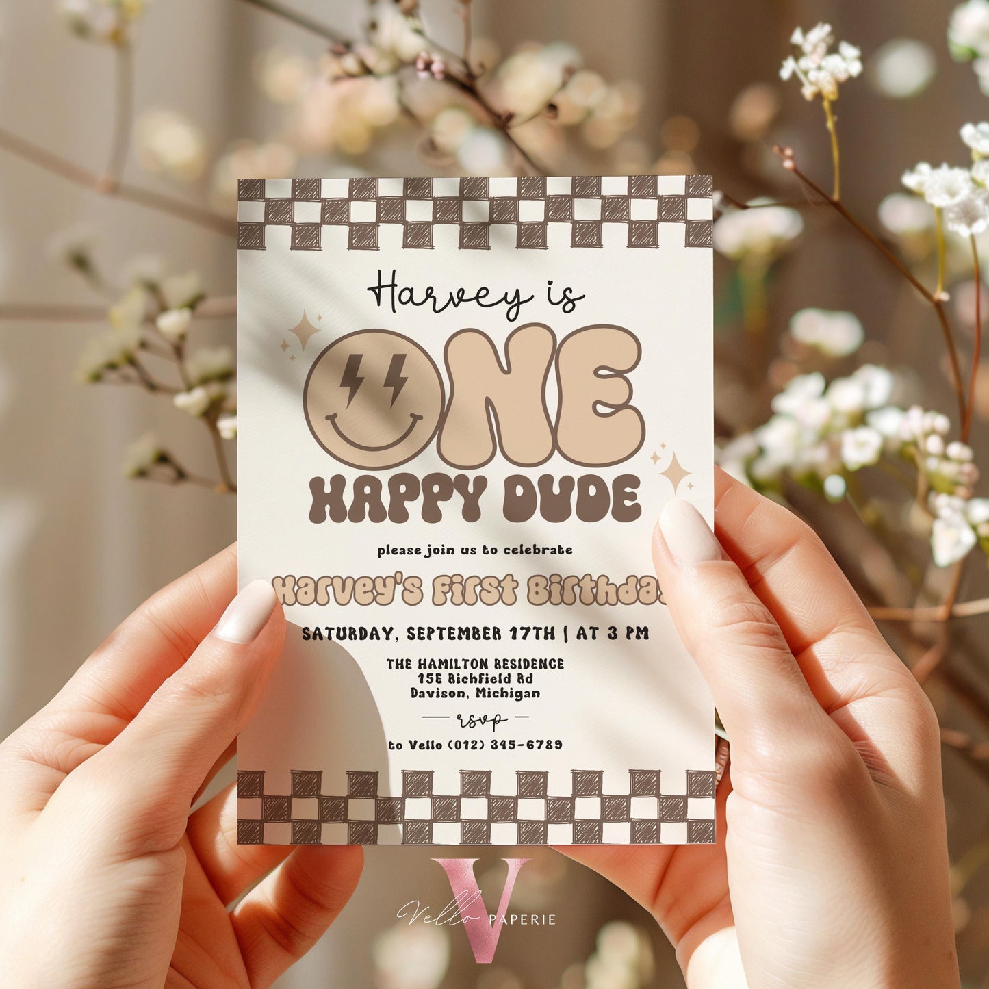 Nude Smile One Happy Dude Birthday Invitation | Editable Retro One Happy Dude First Birthday Party Invite | Emoji Face | Lighting Bolt Smile