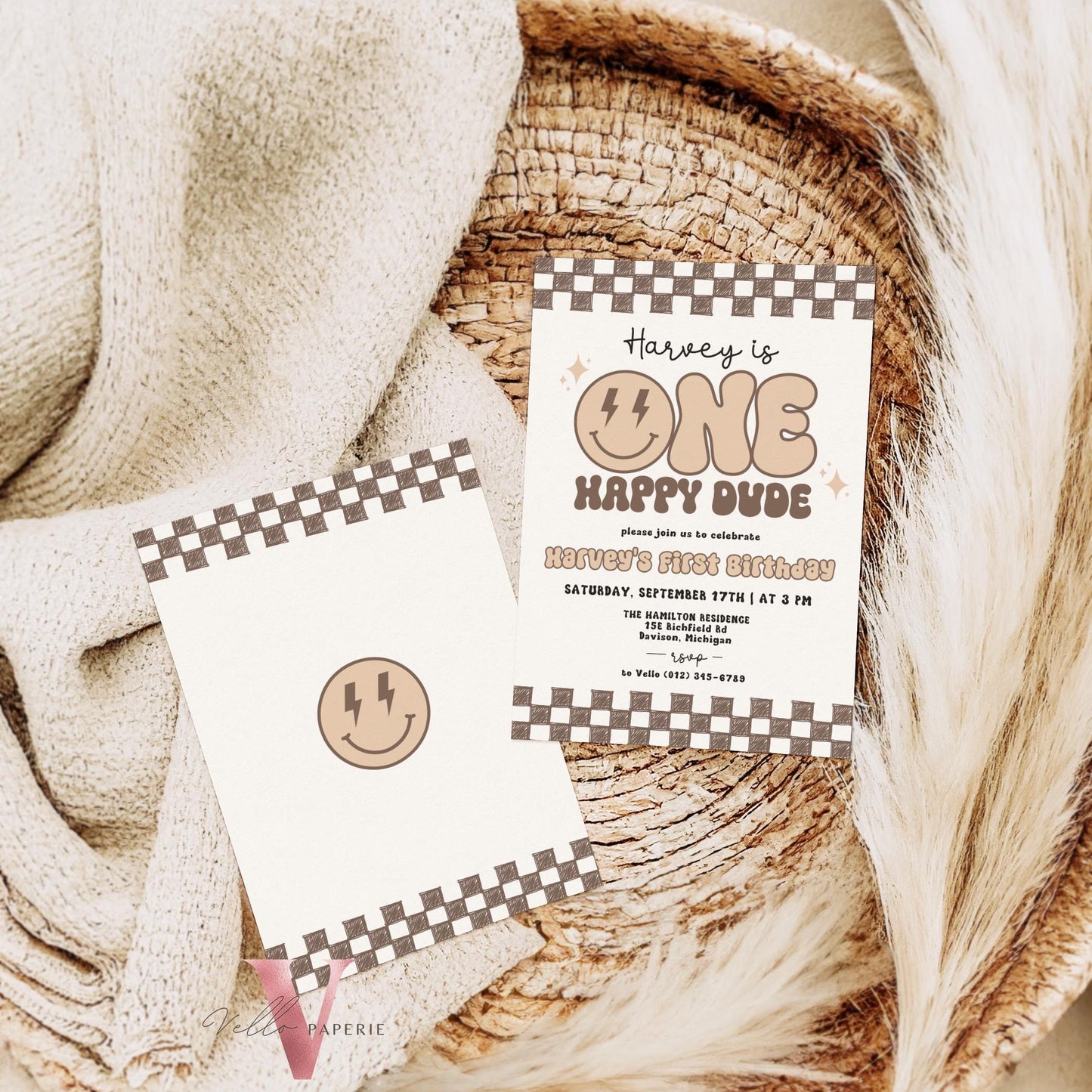 Nude Smile One Happy Dude Birthday Invitation | Editable Retro One Happy Dude First Birthday Party Invite | Emoji Face | Lighting Bolt Smile