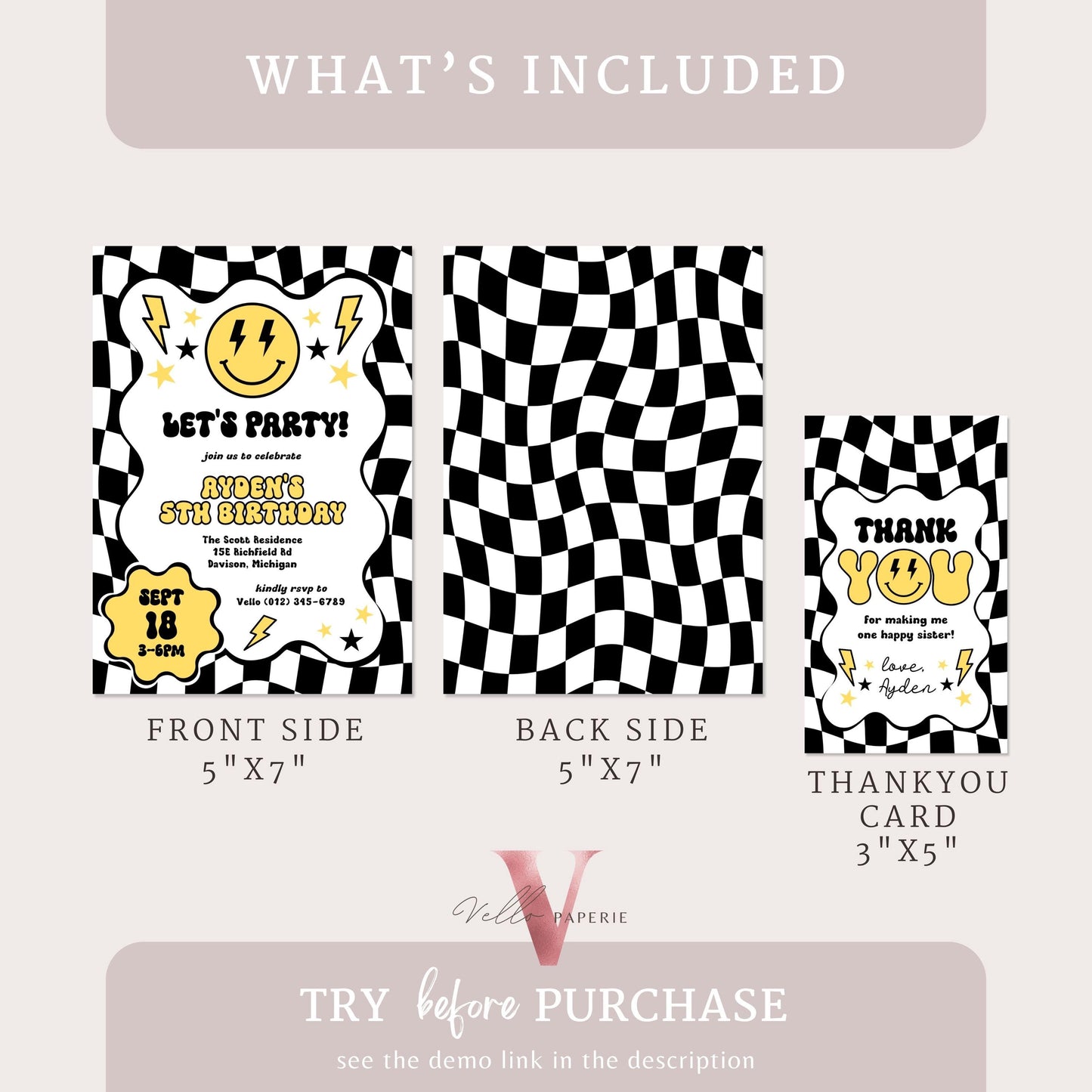 Smile Face Groovy Birthday Invitation | Editable Retro Happy Dude Any Age Birthday Party Invite | Emoji Face Lighting Bolt Smile Black White