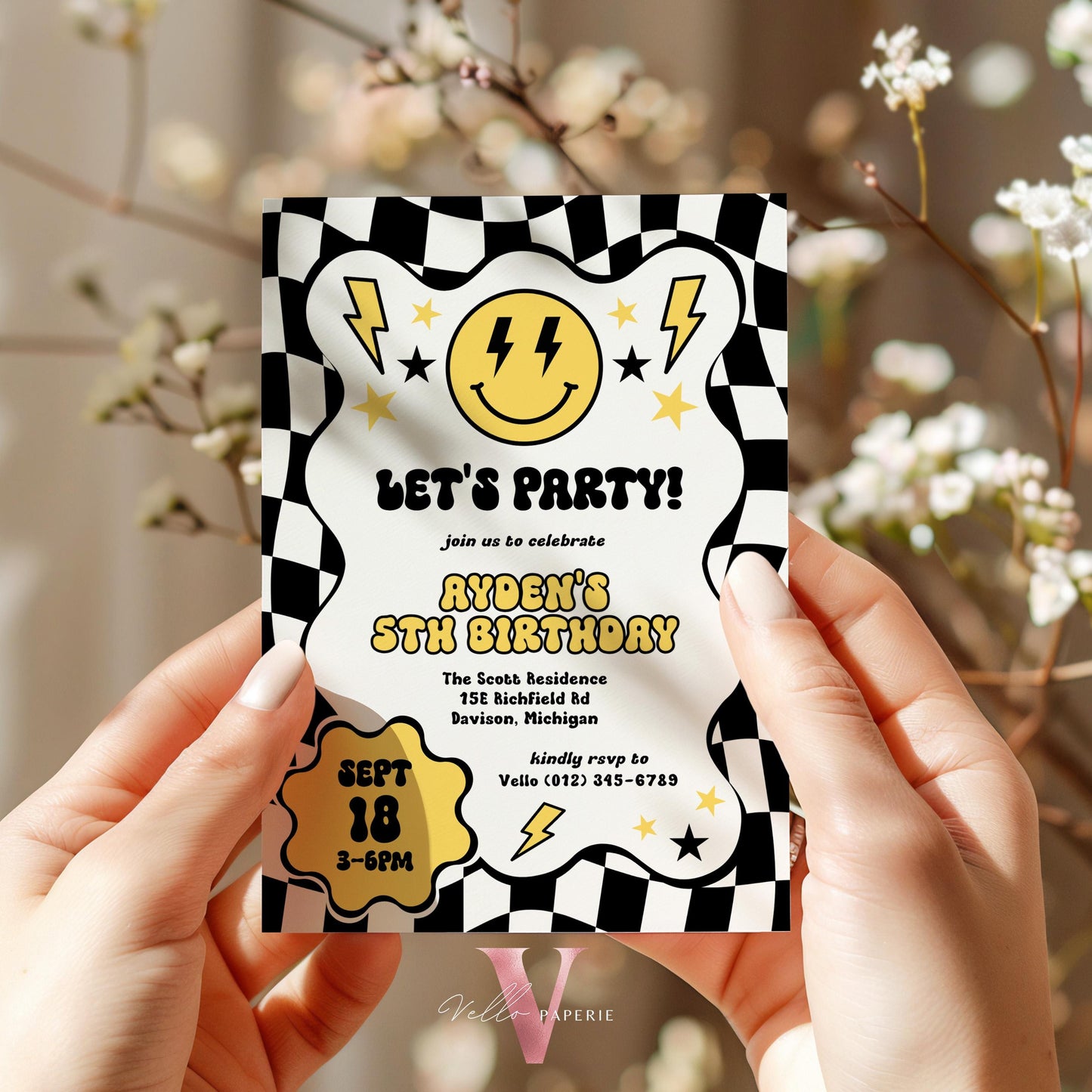 Smile Face Groovy Birthday Invitation | Editable Retro Happy Dude Any Age Birthday Party Invite | Emoji Face Lighting Bolt Smile Black White