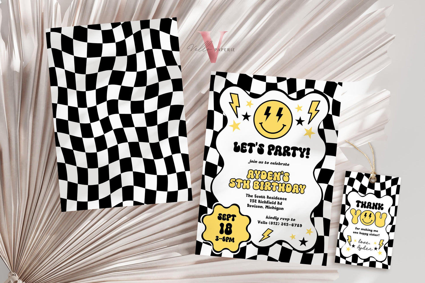 Smile Face Groovy Birthday Invitation | Editable Retro Happy Dude Any Age Birthday Party Invite | Emoji Face Lighting Bolt Smile Black White