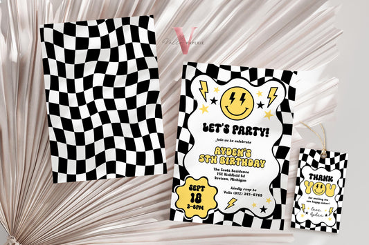 Smile Face Groovy Birthday Invitation | Editable Retro Happy Dude Any Age Birthday Party Invite | Emoji Face Lighting Bolt Smile Black White