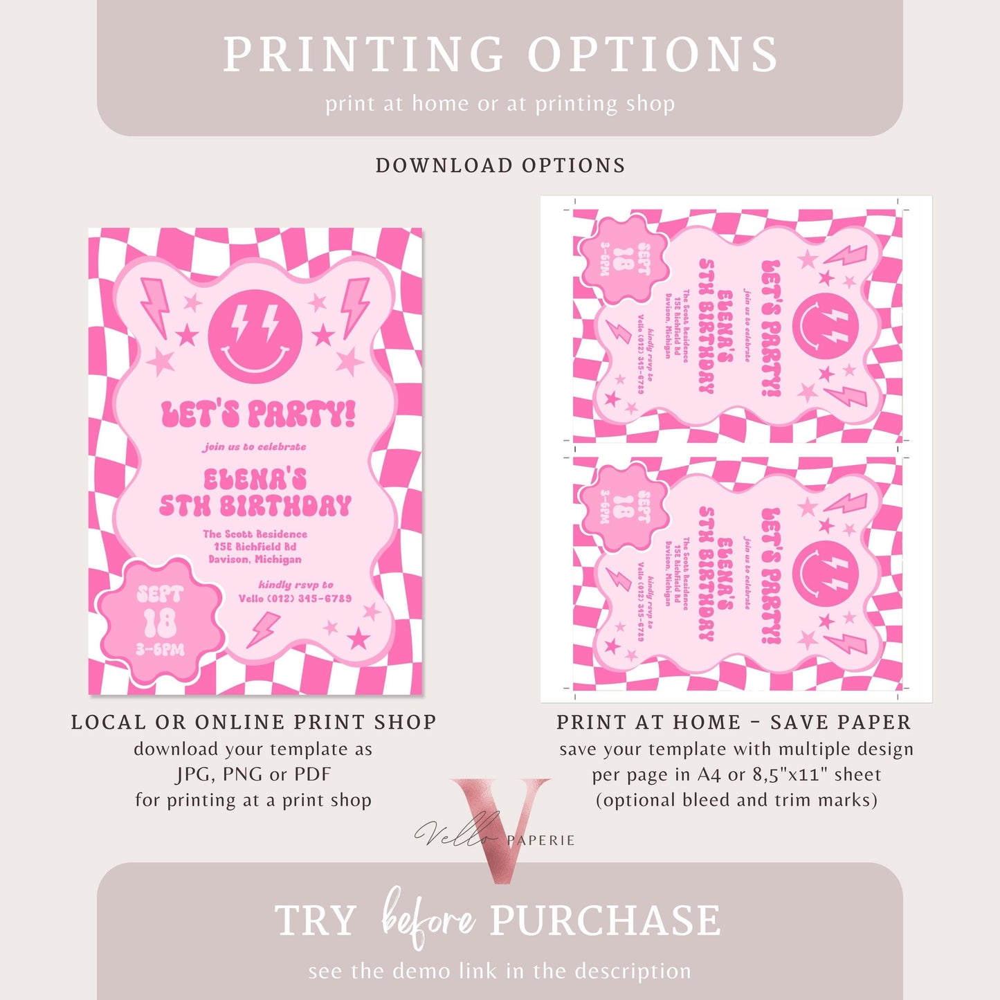 Pink Smile Face Groovy Birthday Invitation | Editable Retro Happy Face Any Age Birthday Party Invite | Emoji Face Lighting Bolt Smile PSG01