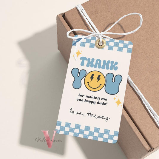 Blue Smile One Happy Dude Birthday Thankyou Card | Retro One Happy Dude First Birthday Party Favor Tag | Emoji Face Lighting Bolt Gift Tag