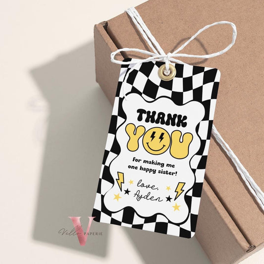 Smile Face Groovy Birthday Thankyou Card | Editable Retro Happy Face Any Age Birthday Party Favor Tag | Emoji Face Lighting Bolt Smile BW