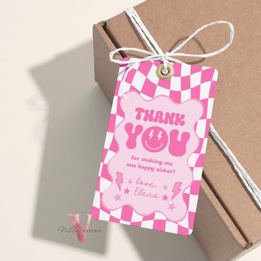 Pink Smile Face Groovy Birthday Thankyou Card | Editable Retro Happy Face Birthday Party Favor Tag | Emoji Lighting Bolt Gift Tag PSG01