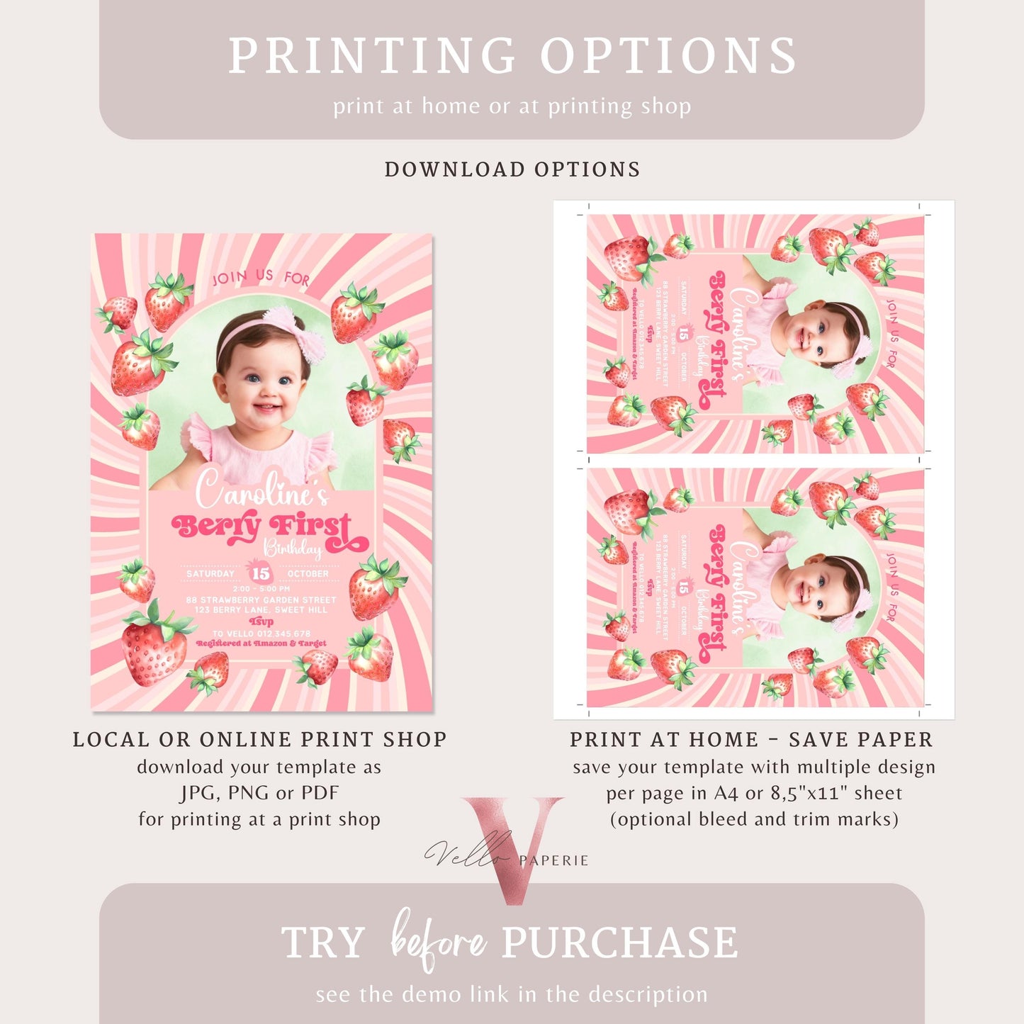 Photo STRAWBERRY First Birthday Invitation Girl | Berry First Birthday Party Invite | Summer Girl Editable Template | Pink First Birthday