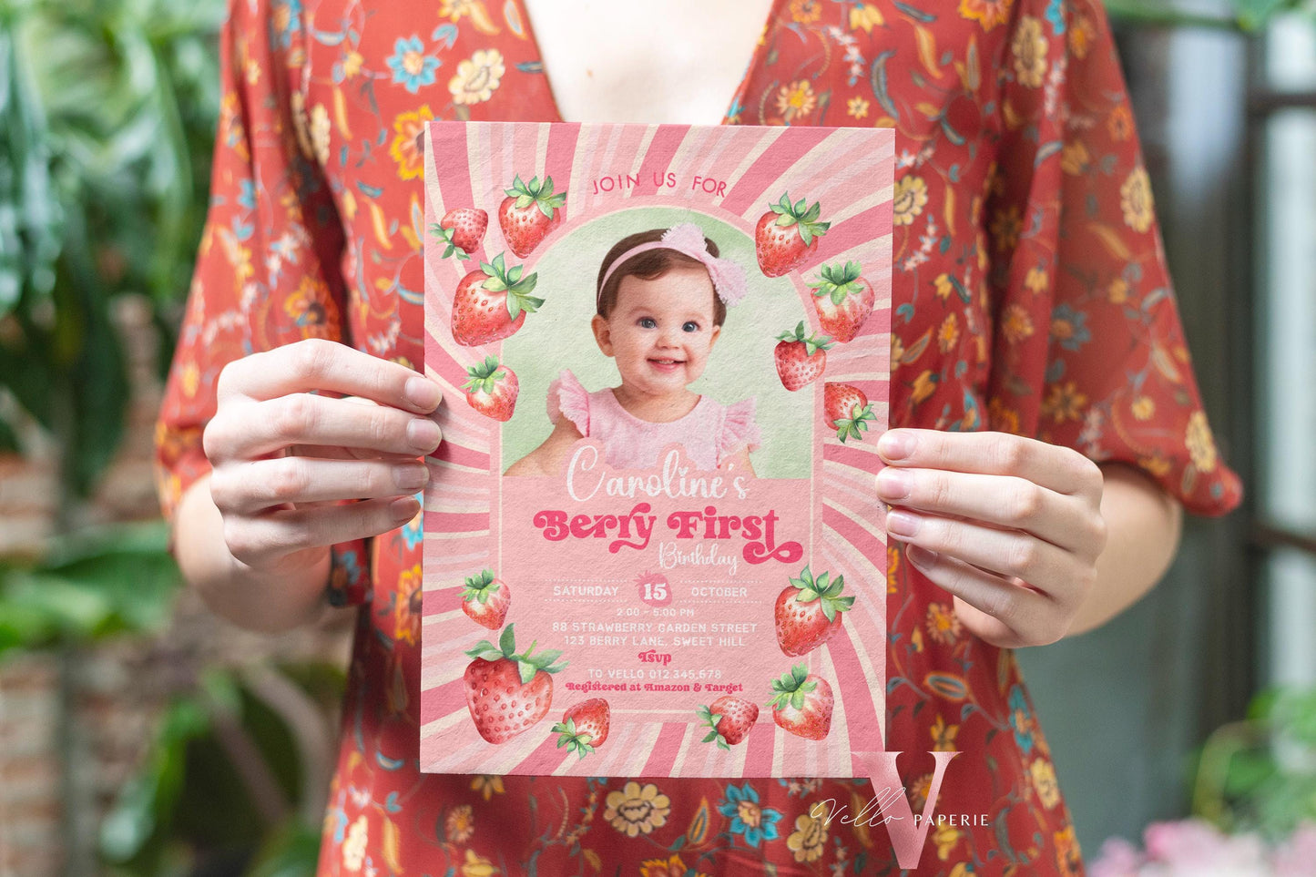 Photo STRAWBERRY First Birthday Invitation Girl | Berry First Birthday Party Invite | Summer Girl Editable Template | Pink First Birthday