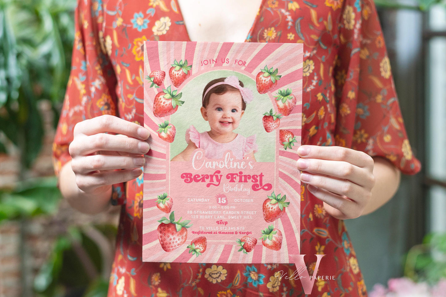 Photo STRAWBERRY First Birthday Invitation Girl | Berry First Birthday Party Invite | Summer Girl Editable Template | Pink First Birthday