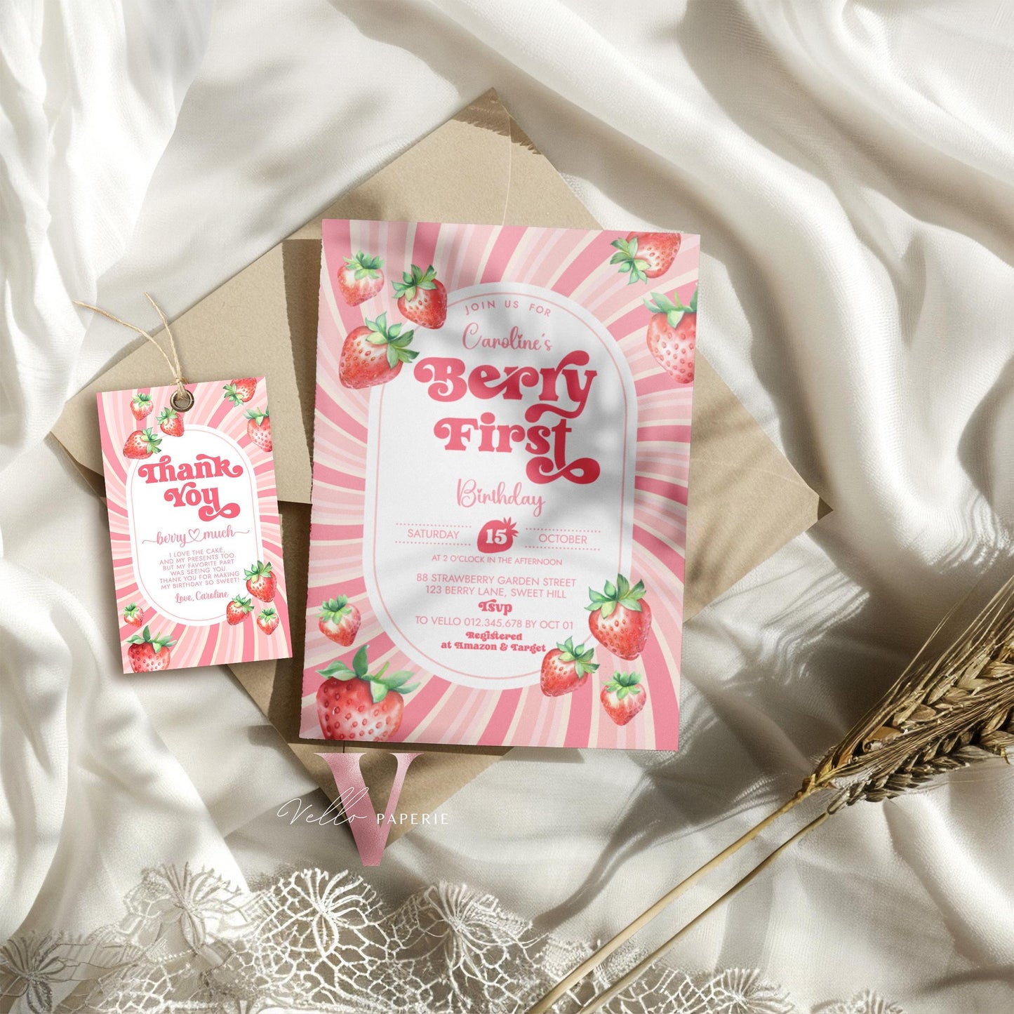 STRAWBERRY First Birthday Invitation Girl | Berry First Birthday Party Invite | Summer Girl Editable Template | Pink First Birthday Invite