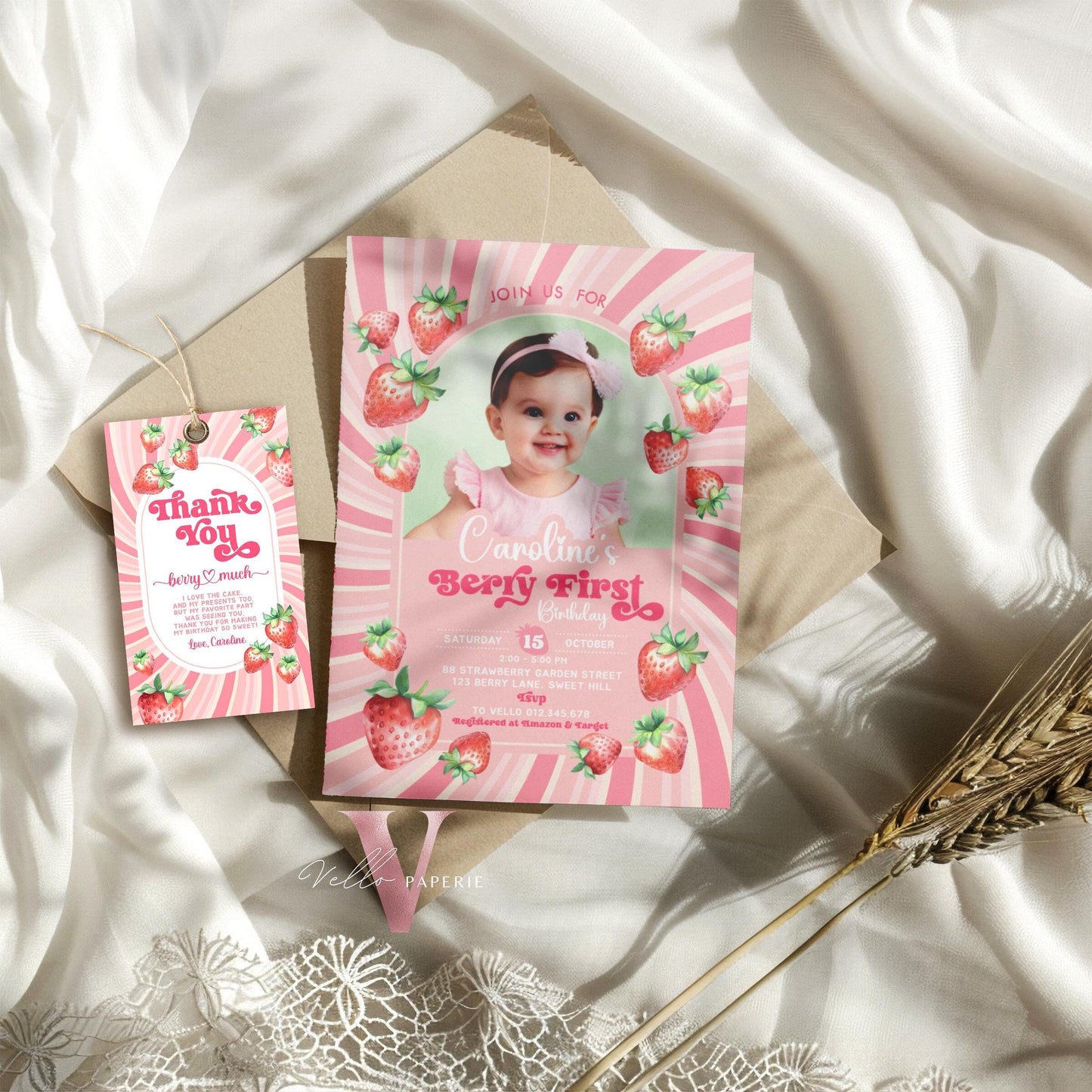 Photo STRAWBERRY First Birthday Invitation Girl | Berry First Birthday Party Invite | Summer Girl Editable Template | Pink First Birthday