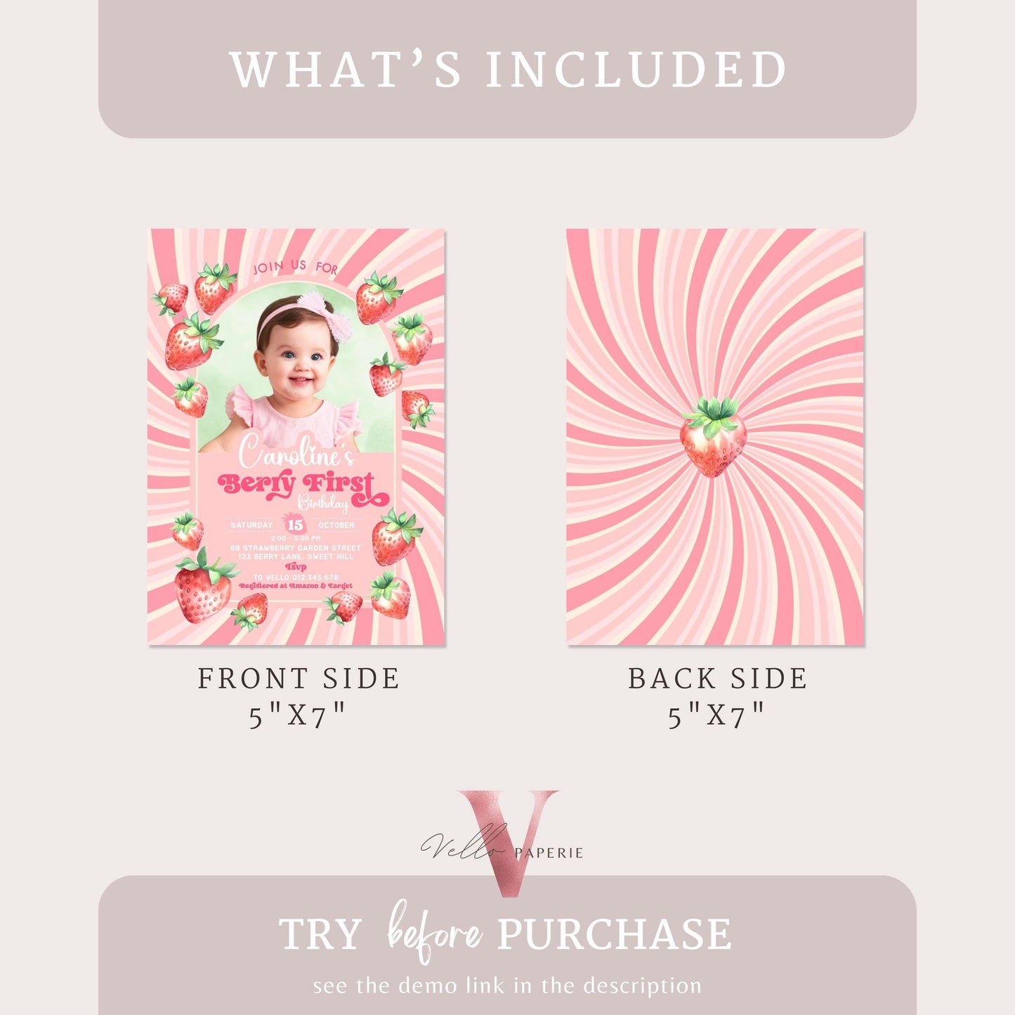 Photo STRAWBERRY First Birthday Invitation Girl | Berry First Birthday Party Invite | Summer Girl Editable Template | Pink First Birthday