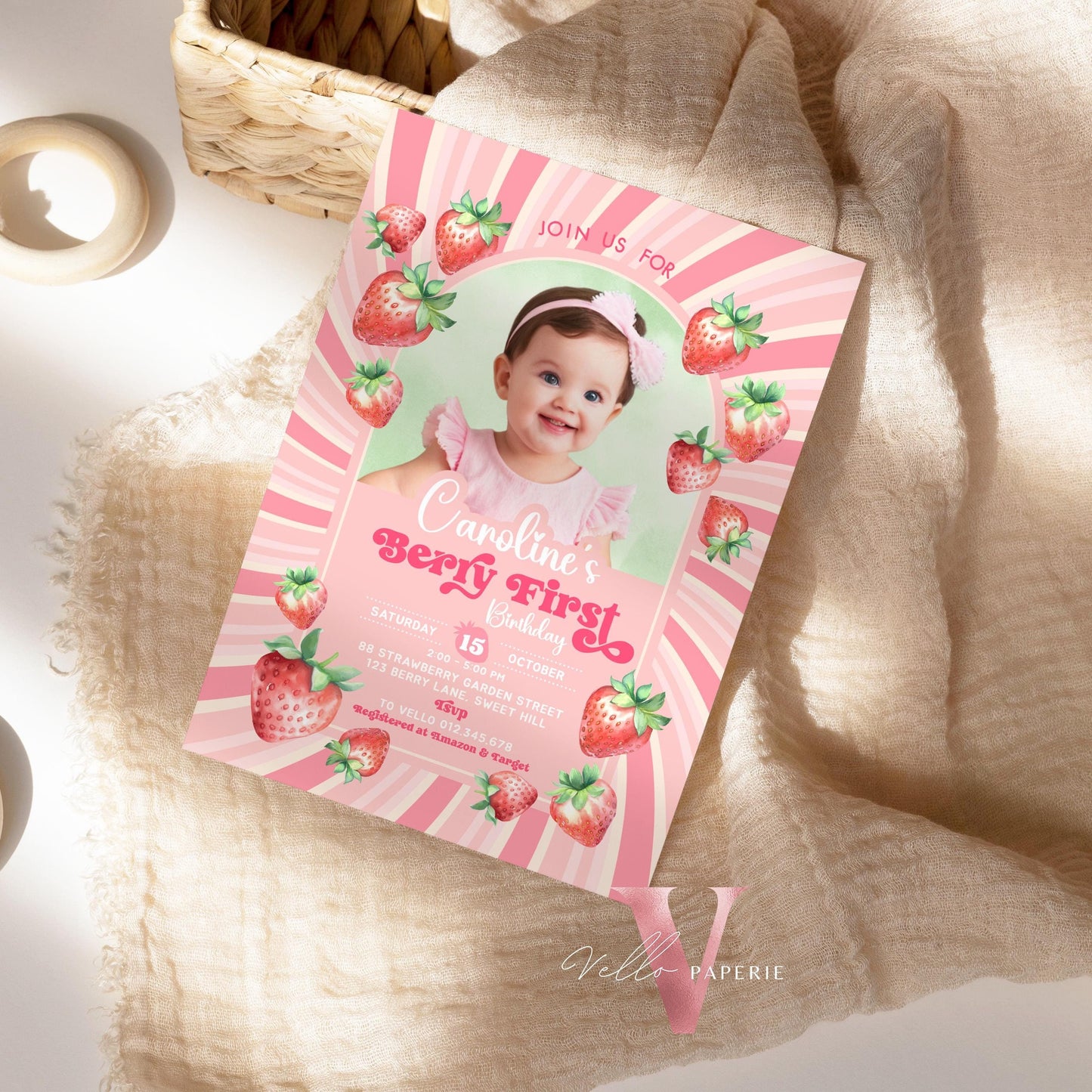 Photo STRAWBERRY First Birthday Invitation Girl | Berry First Birthday Party Invite | Summer Girl Editable Template | Pink First Birthday