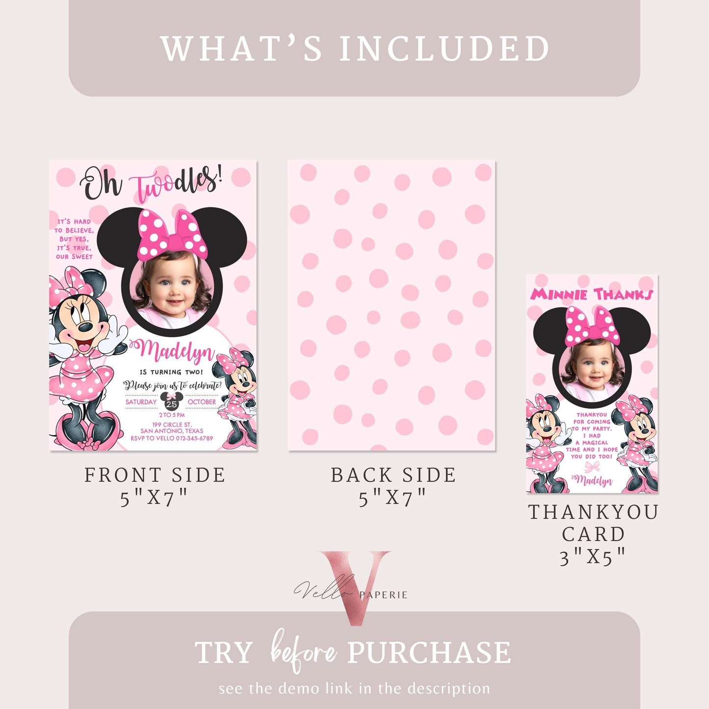 Photo Oh TWOdles Minnie Mouse Birthday Invitation | Cute Light Pink Polka Dot Invite | 2 Years Old Girl Second Birthday Instant Template