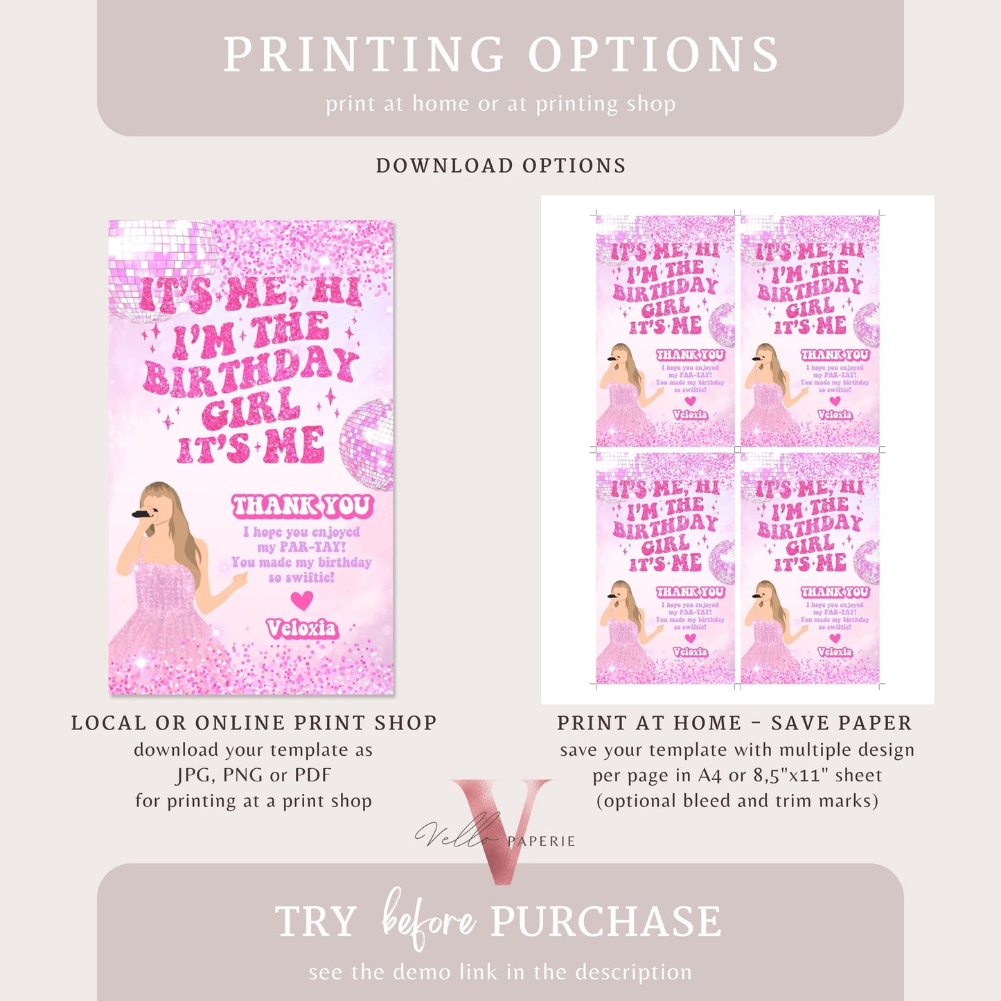 Glam Par-Tay Birthday Party Thankyou Card | Editable Purple Pink Sparkle TS Party Favors Tag || It's Me Hi Swift Glitter Pink Gift Tag