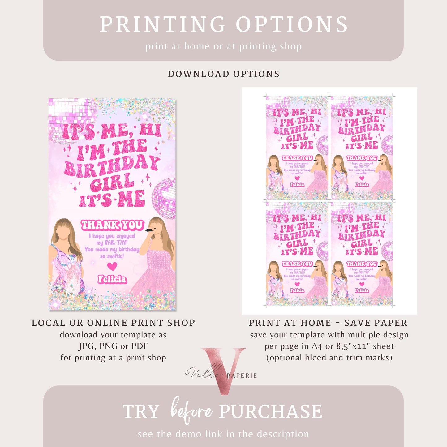 Glam Par-Tay Birthday Party Thankyou Card | Editable Purple Pink Sparkle TS Party Favors Tag || It's Me Hi Swift Glitter Pink Gift Tag