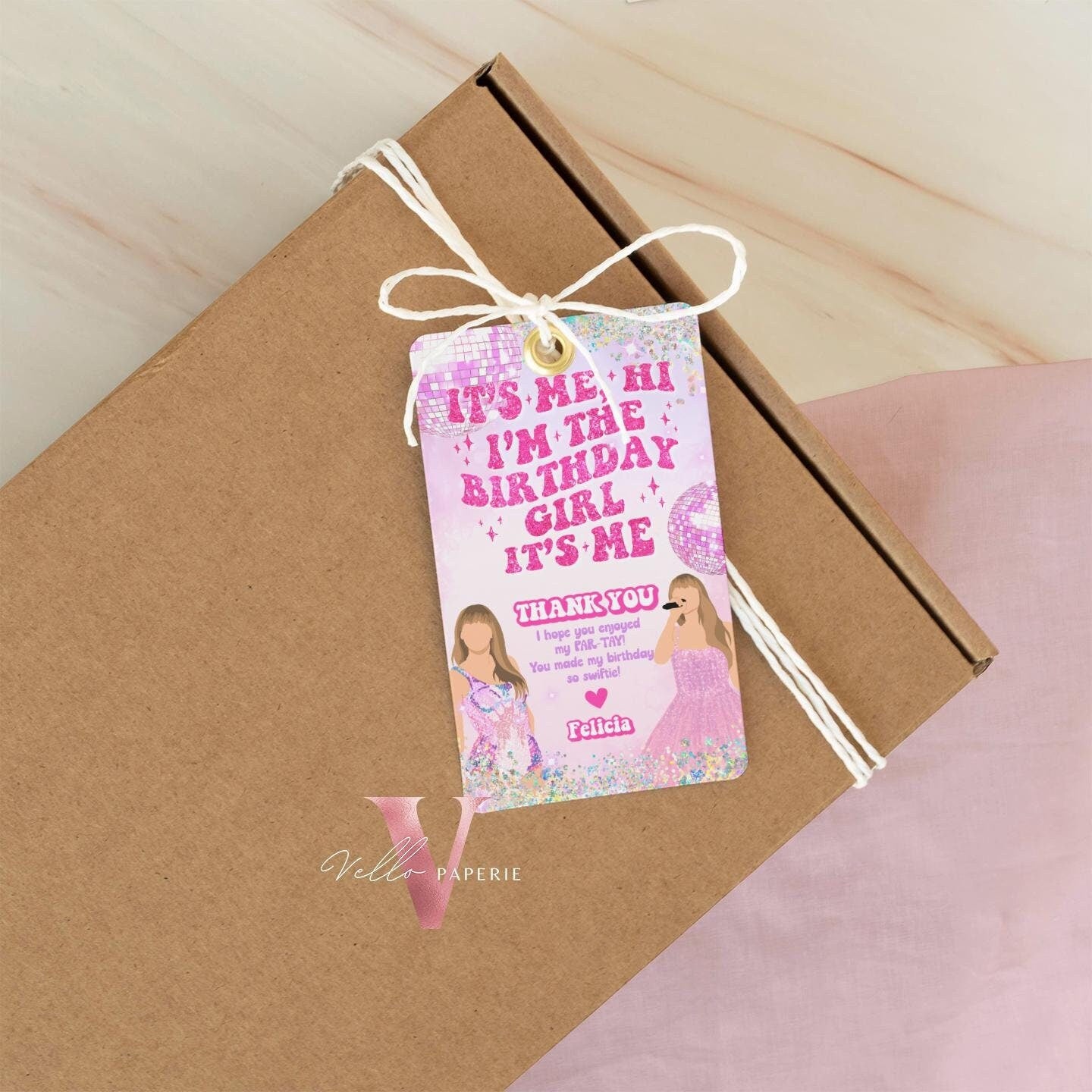 Glam Par-Tay Birthday Party Thankyou Card | Editable Purple Pink Sparkle TS Party Favors Tag || It's Me Hi Swift Glitter Pink Gift Tag
