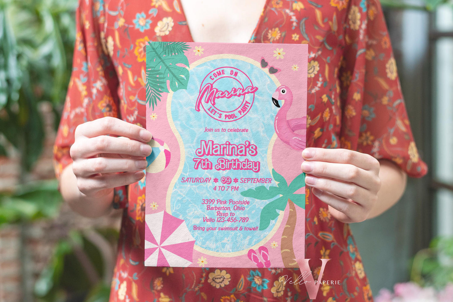 Pink Doll Pool Birthday Invitation | Editable Yourseld Malibu Pool Party Invite | Pink Blue Malibu Come On Lets Go Party Instant Template