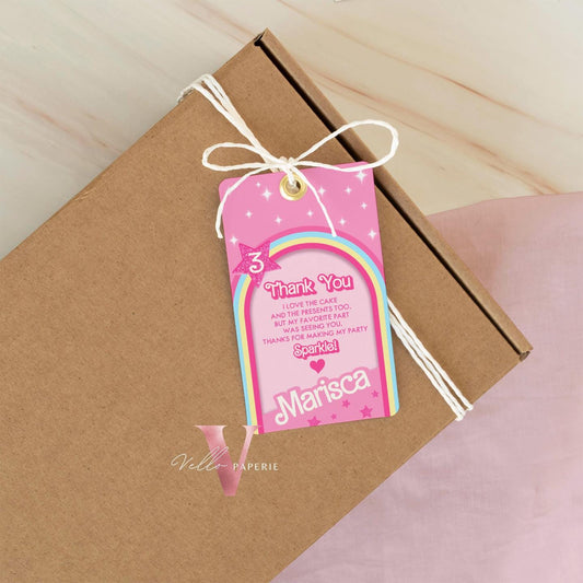 Rainbo Pink Sparkle Fashion Doll Birthday Thankyou Card, Pink Doll Glitter Come On Lets Go Pink Party Favor, Gift Tag Instant Template