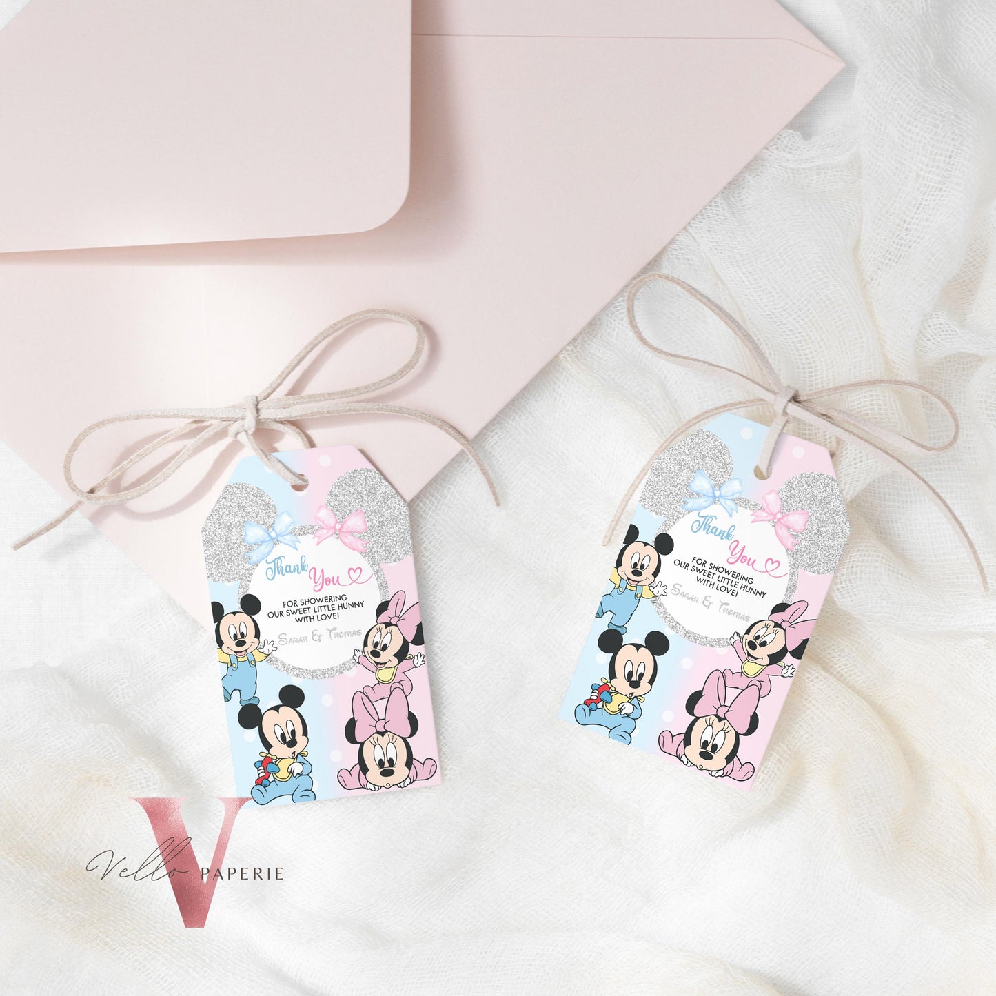 Minnie Mickey Baby Shower Thankyou Card | Editable Blue Pink Baby Shower Party Favor Tag | Mouseketeer Gender Reveal Party Gift Tag MBS01