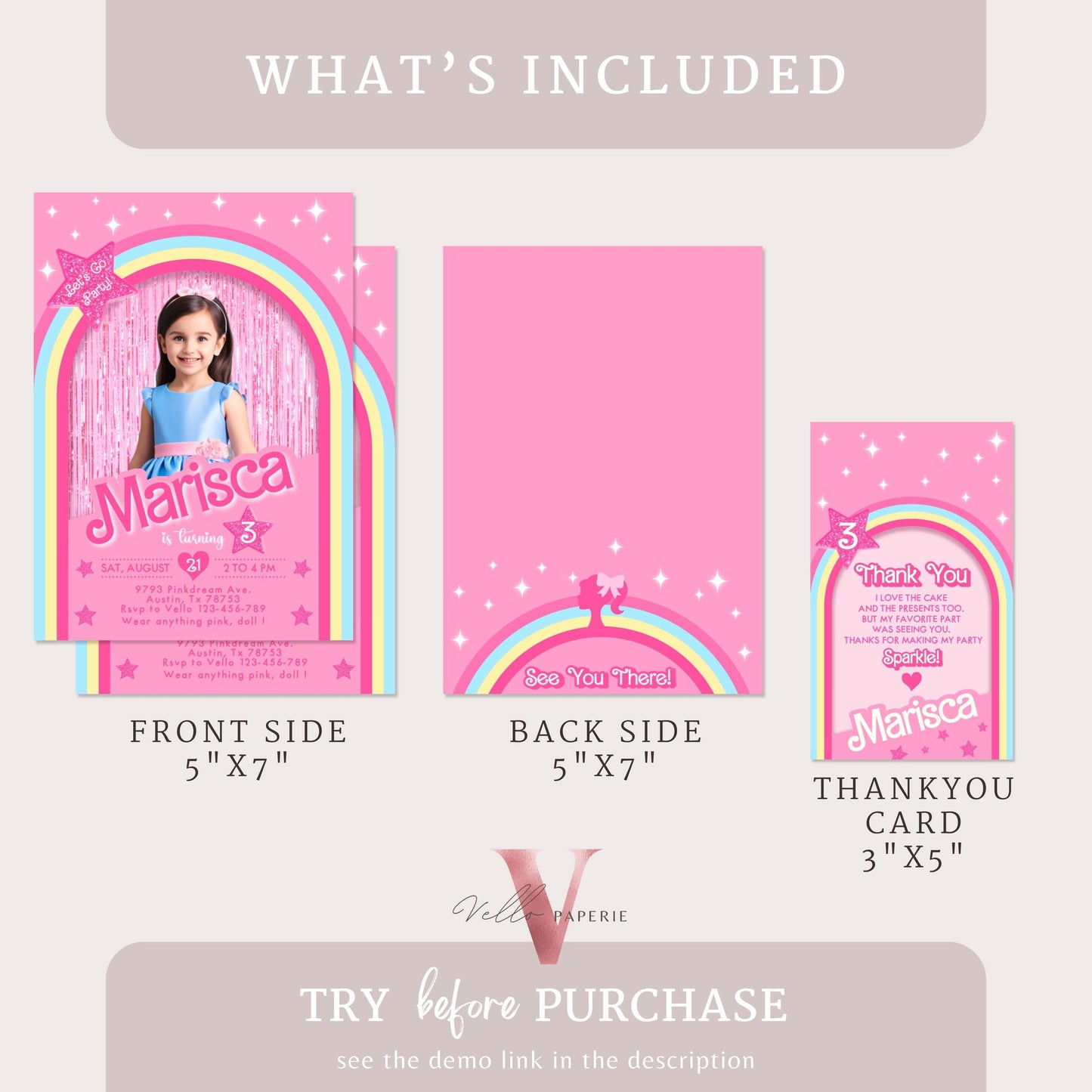 Pink Rainbow Fashion Doll Box Photo Birthday Invitation, Editable Selfie Rainbow Glam Pink Doll Party Invite Instant Template