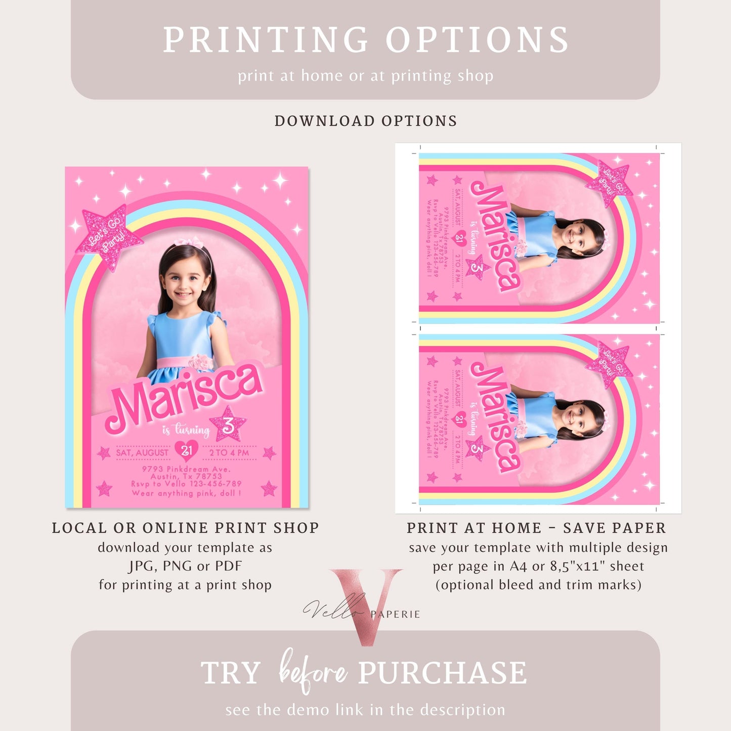 Pink Rainbow Fashion Doll Box Photo Birthday Invitation, Editable Selfie Rainbow Glam Pink Doll Party Invite Instant Template