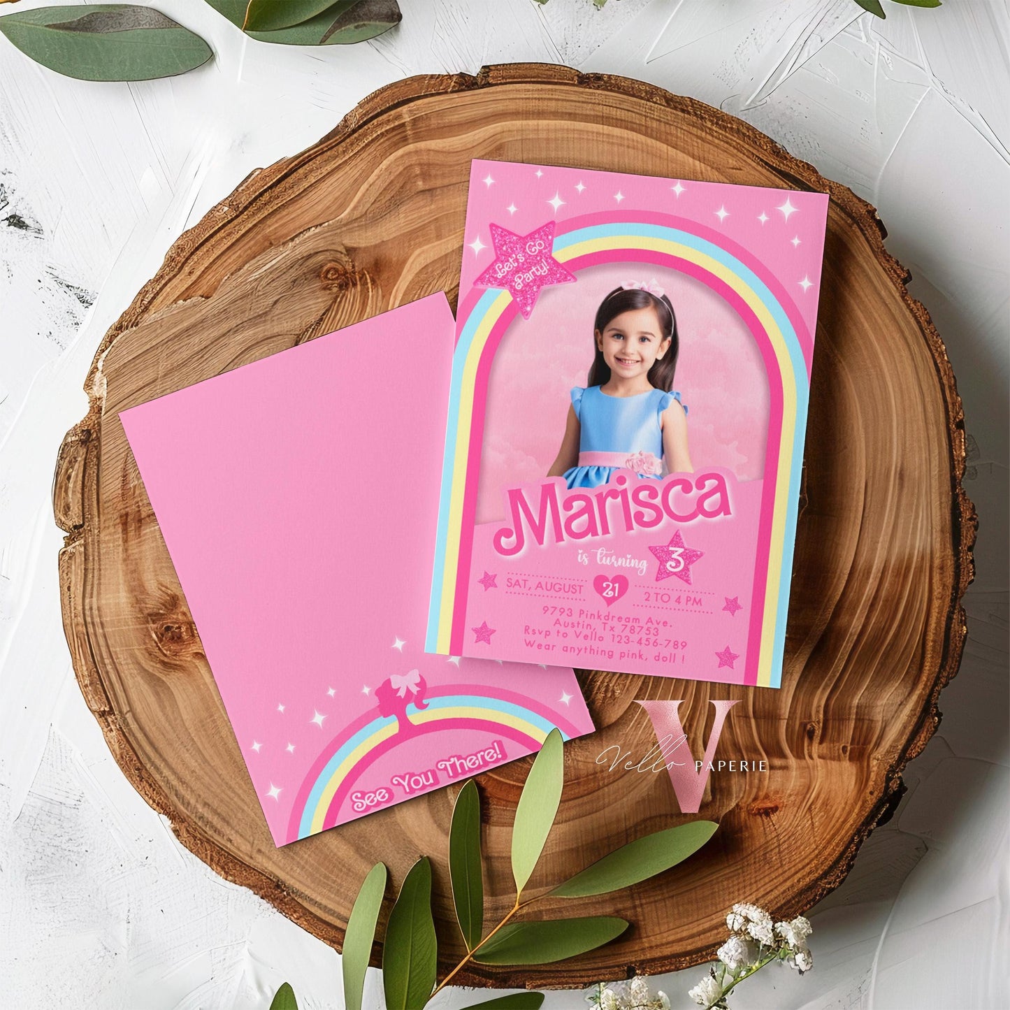 Pink Rainbow Fashion Doll Box Photo Birthday Invitation, Editable Selfie Rainbow Glam Pink Doll Party Invite Instant Template